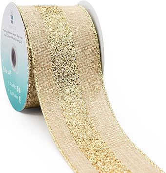 Tan Faux Jute Burlap with Gold Glitter Stripe Wired Ribbon 2.5 in x 10 YDS for Christmas Home Decor Tree Topper Bow Gift Wrapping DIY Crafts Wreath Garland Wedding