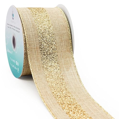 Tan Faux Jute Burlap with Gold Glitter Stripe Wired Ribbon