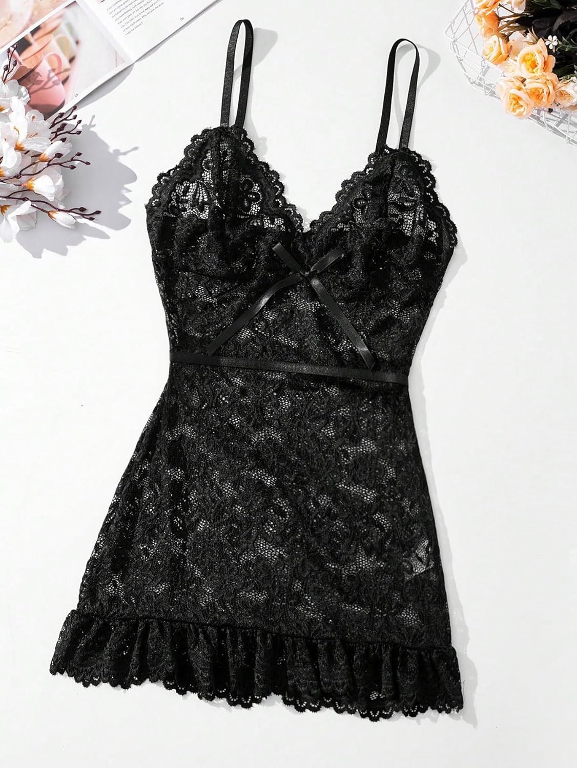 Sexy Sheer Mini Bodycon Babydoll Lace Lingerie Set Sleep Dress with Thong 2 Piece Outfits - Image 6