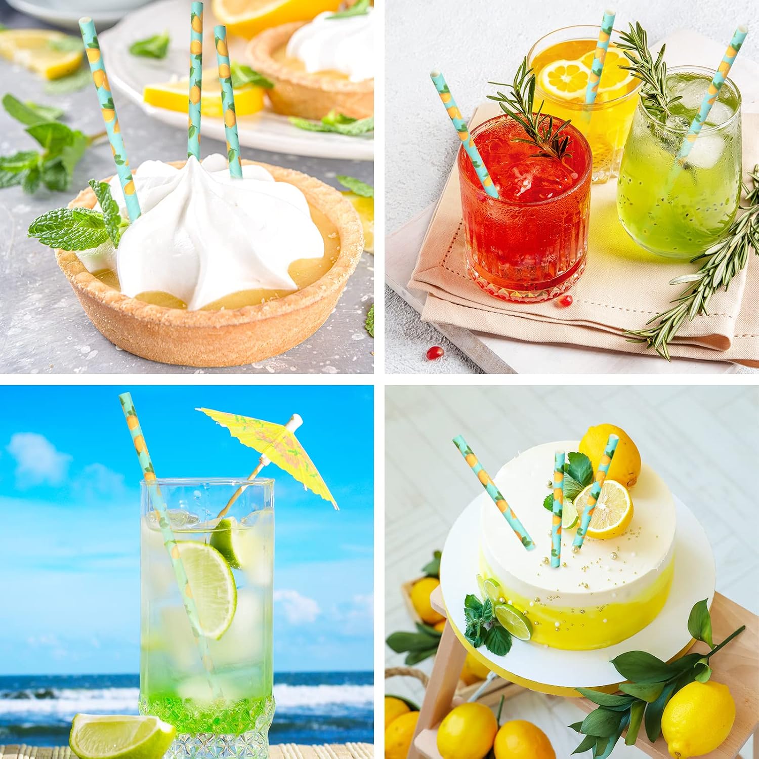 Whaline 200Pcs Watercolor Lemon Paper Straws Summer Disposable Drinking Straws Lemon Party Decorative Straw for Spring Summer Birthday Baby Shower Juices Shakes Cocktails Decorations
