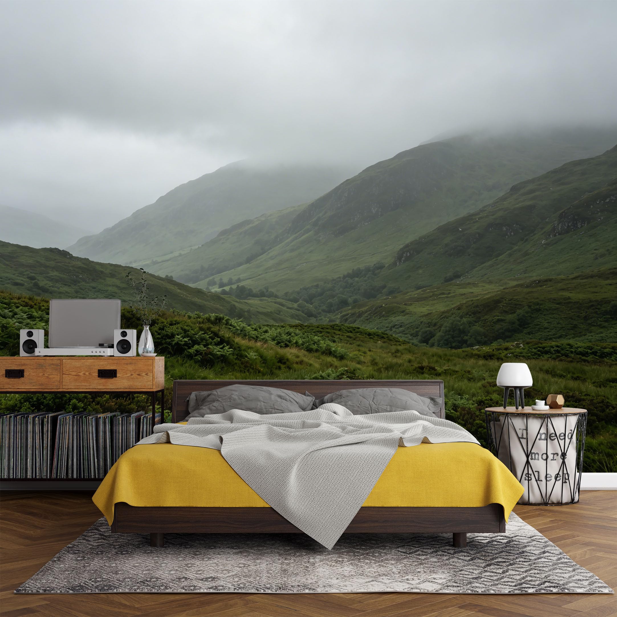 Custom Size Wall Mural， Mountain Landscape Misty Valley Green Hills Nature View，SelfAdhesive Art Prints wall Fabric (No PVC) Removable Wallpaper Living Room Decor