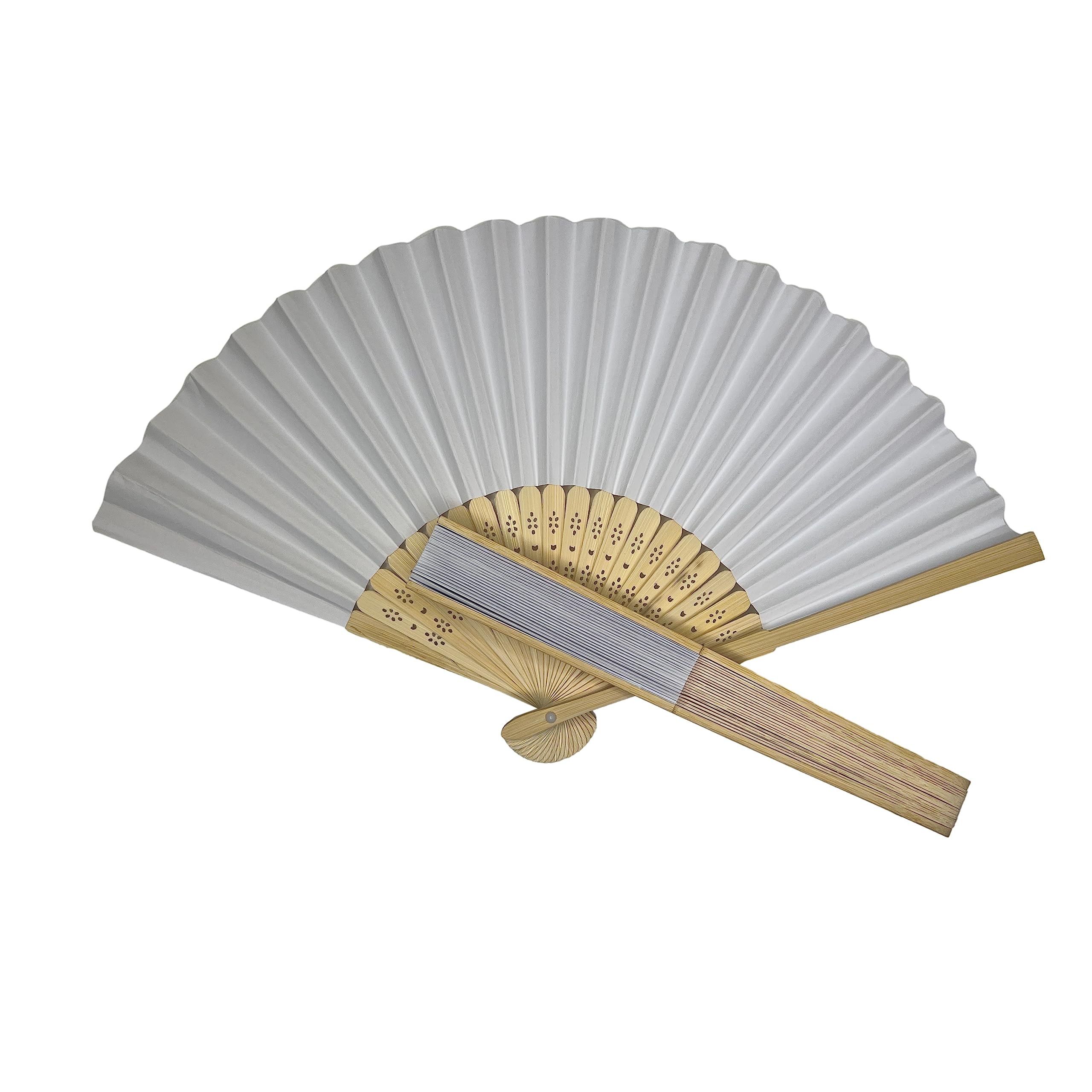 Parev White Paper Foldable Hand Held Bamboo Wooden Fan