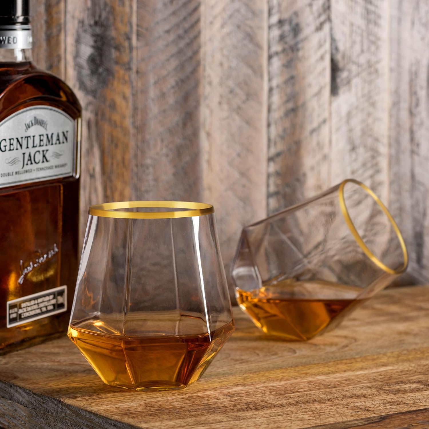 Munfix Gold Rim Plastic Stemless Wine Glasses 32 Pack - Diamond Shaped Unbreakable Disposable 12 Oz Clear Plastic Wine Champagne Whiskey Cups, Shatterproof Recyclable and BPA-Free - Image 5