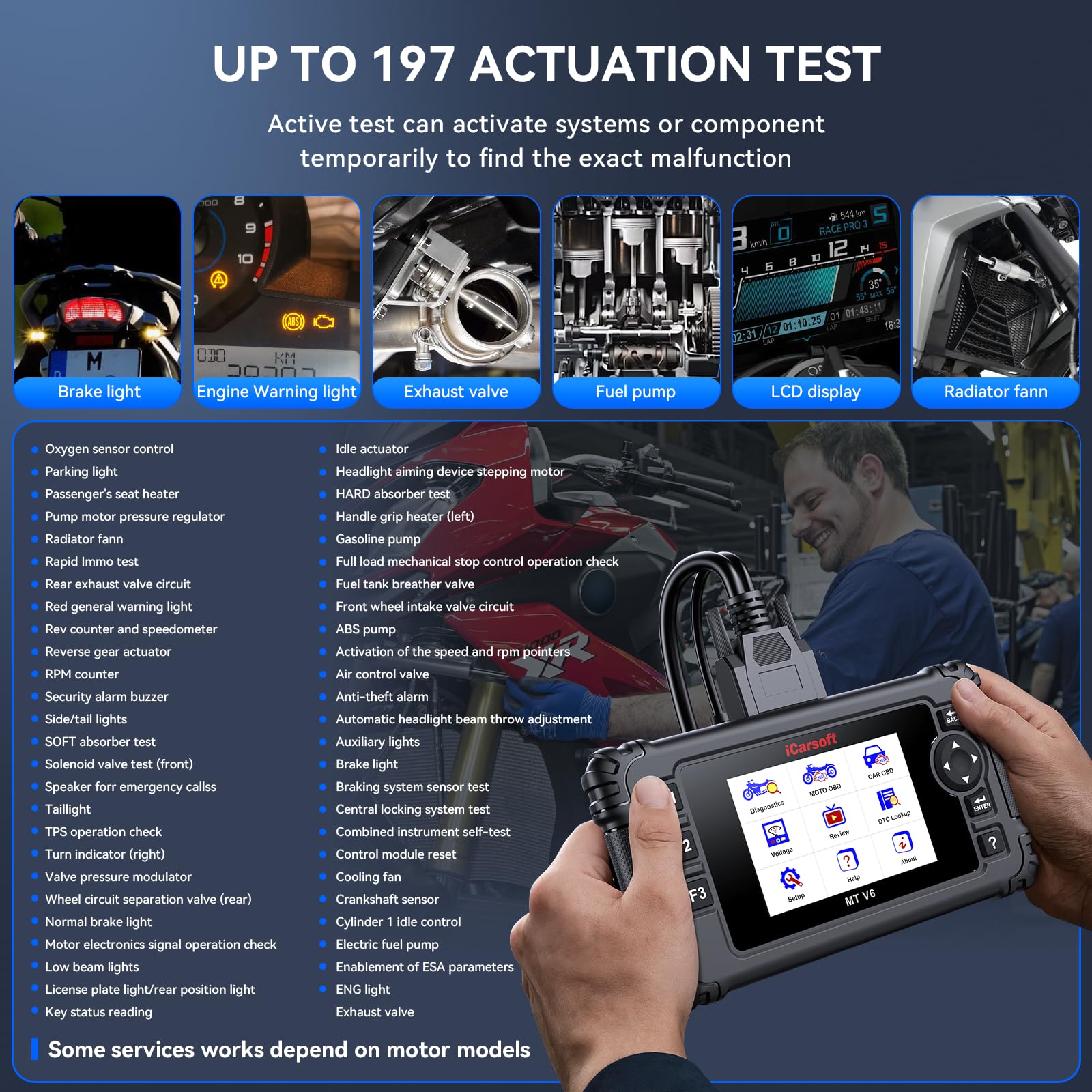 iCarsoft Strumento diagnostico per moto MT V6 per BMW Full System 115 Reset /197 Test di azionamento, lettore di codici scanner OBD2 per moto e auto con spurgo ABS, reset valvola a farfalla, test
