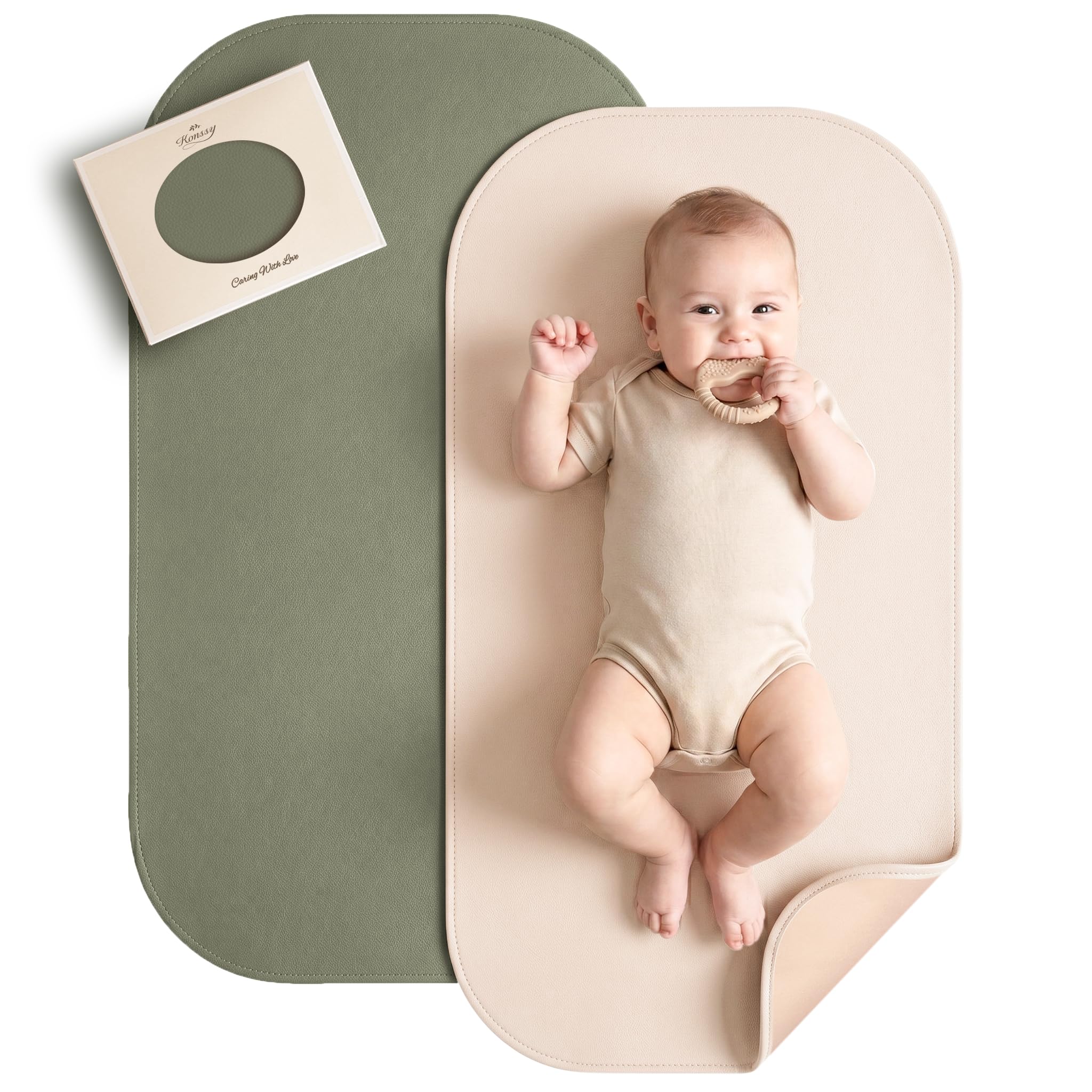 Konssy Cambiador de pañales de cuero vegano para bebé (verde niebla, beige)
