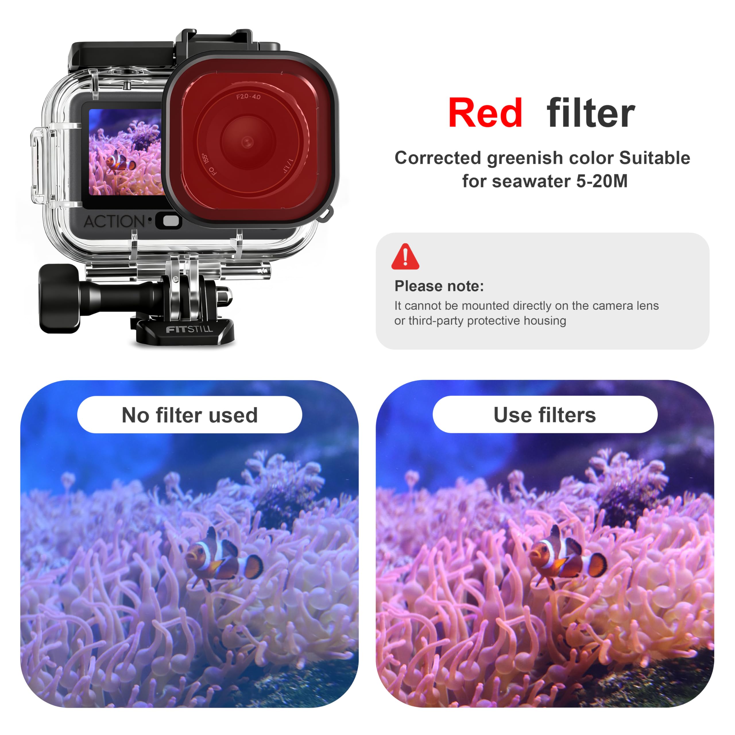 FitStill Uniwersalny zestaw do nurkowania do DJI OSMO ACTION 6, wodoodporna obudowa 196FT/60M i 3 filtry i uchwyt pływający zestaw do nurkowania, surfingu, nurkowania, etui ochronne, akcesoria