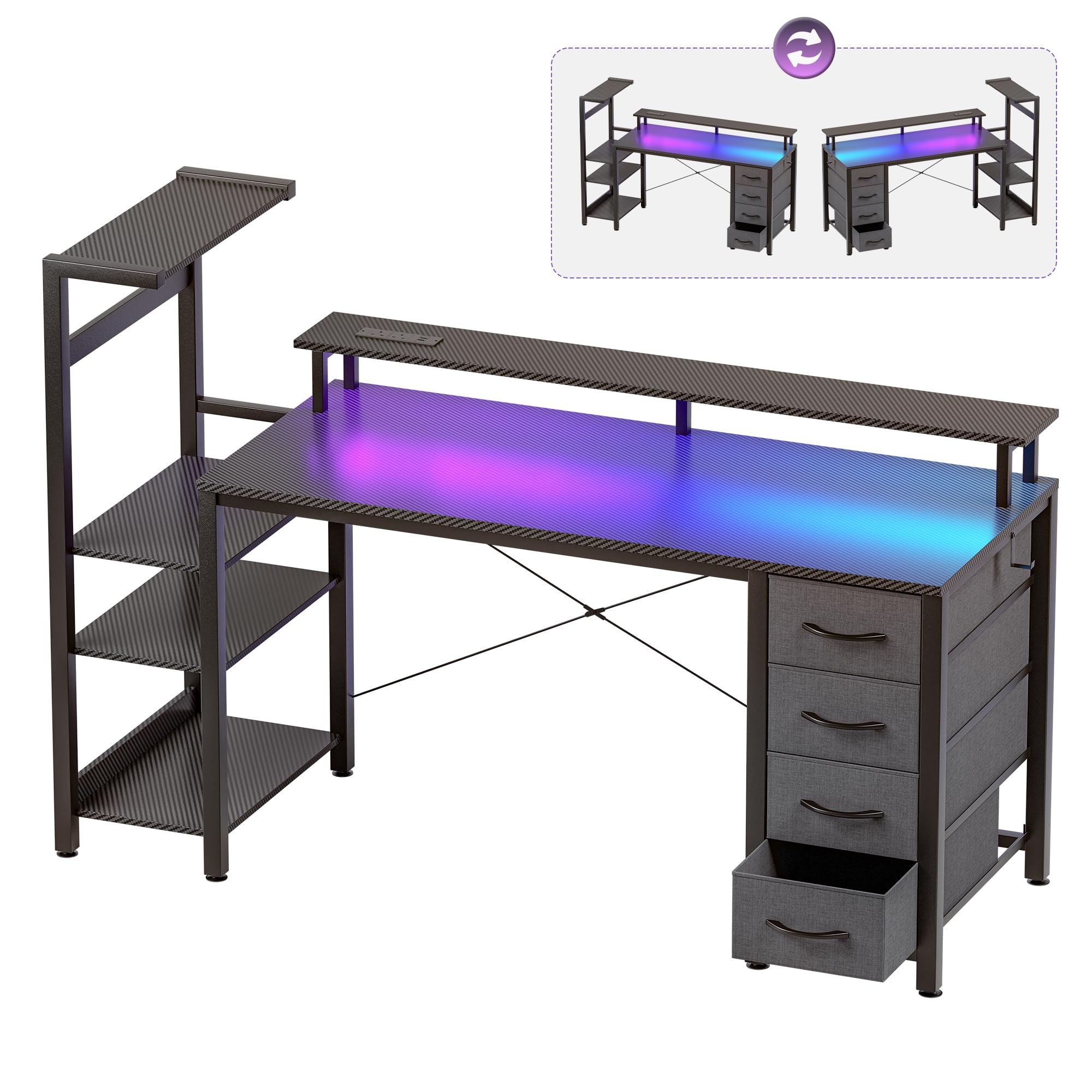 APICIZON Gaming Schreibtisch 150cm mit Bucherschrank - Umkehrbarer Computertisch mit RGB LED-Beleuchtung, 2 USB-Anschlüssen, Kopfhorerhalter & Becherhalter, Carbon-Optik Schwarz