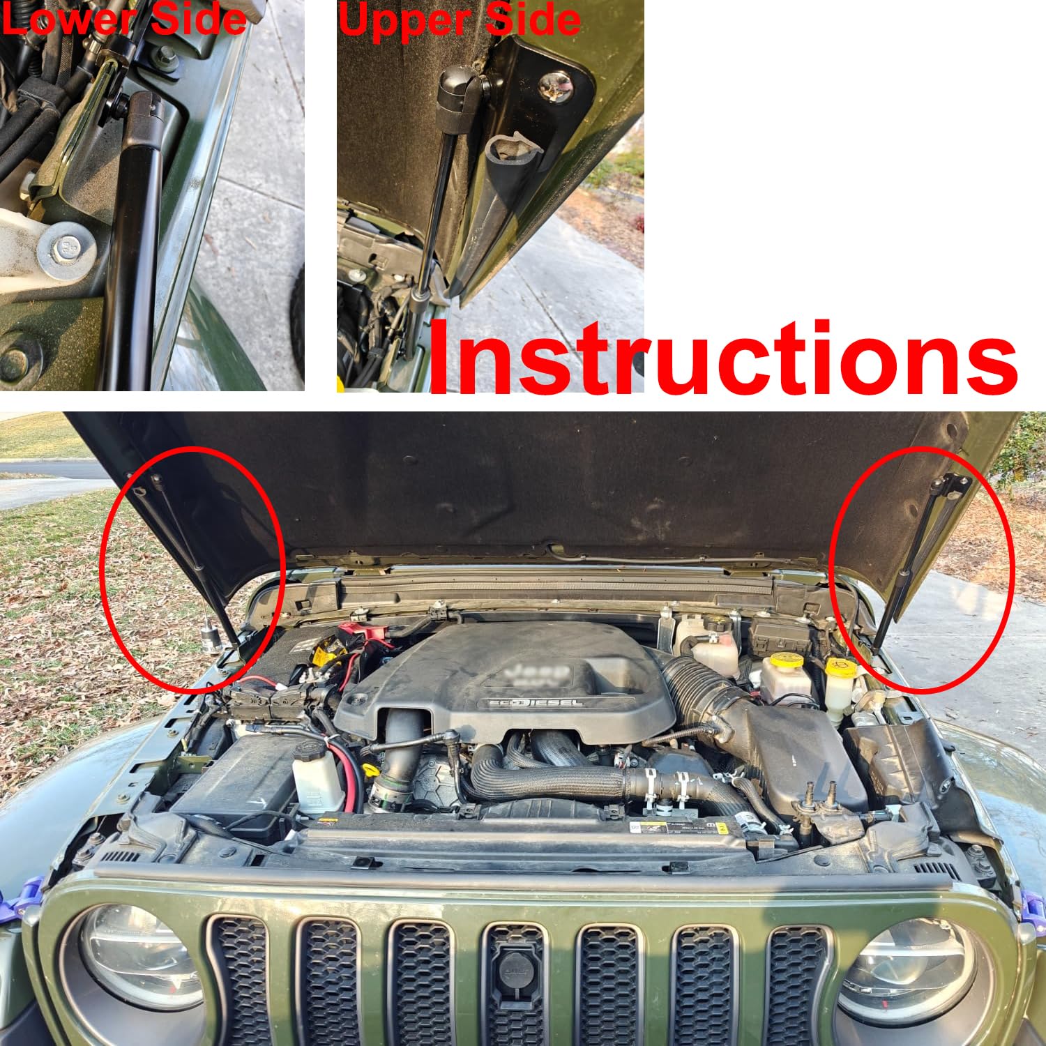 Hood Struts Stainless Steel Bolt-in System Compatible with Wrangler JL 2018-2024 &Gladiator JT 2020-2024 Front Engine Hood Shocks Lift Support (All Black Components Struts)