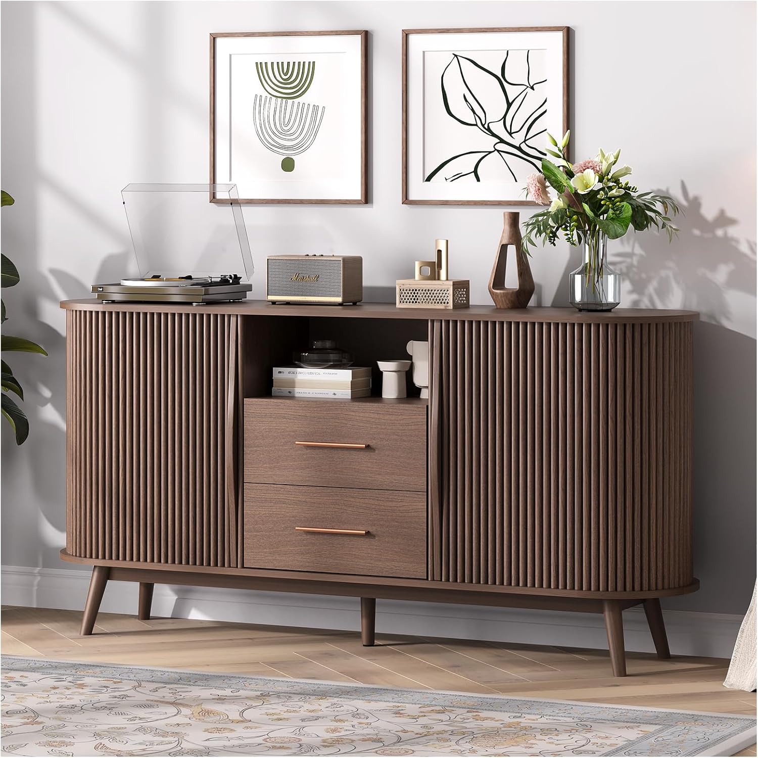 63" Fluted Storage Cabinet for Living Room,Mid-Century Modern Sideboard with Sliding Doors, Walnut Buffet Cabinet with Drawers & Solid Wood Legs, Large Accent Credenza for Home, Dining Room