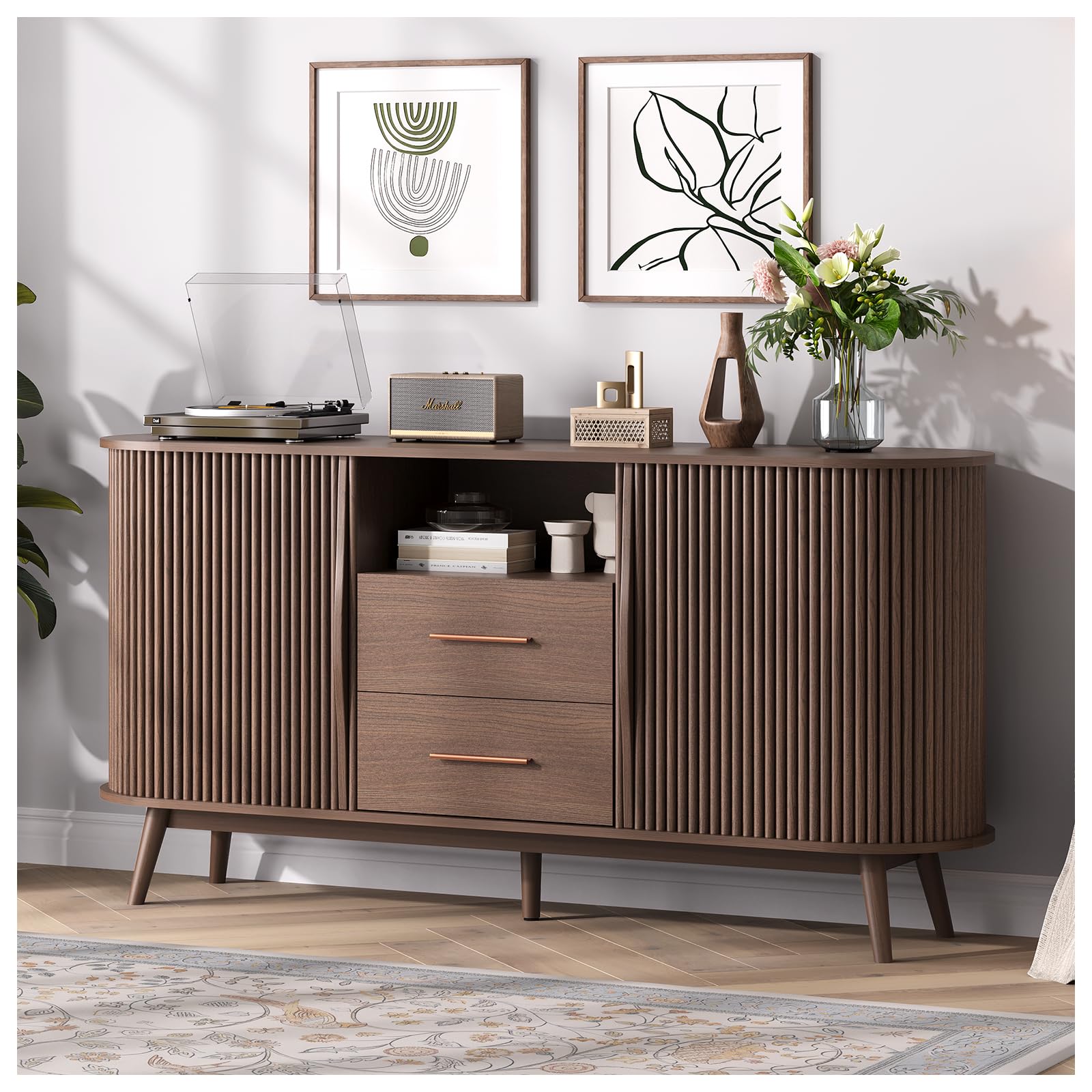 JOINICE 63-inch Mid-Century Modern Fluted Sideboard with Sliding Doors, Walnut