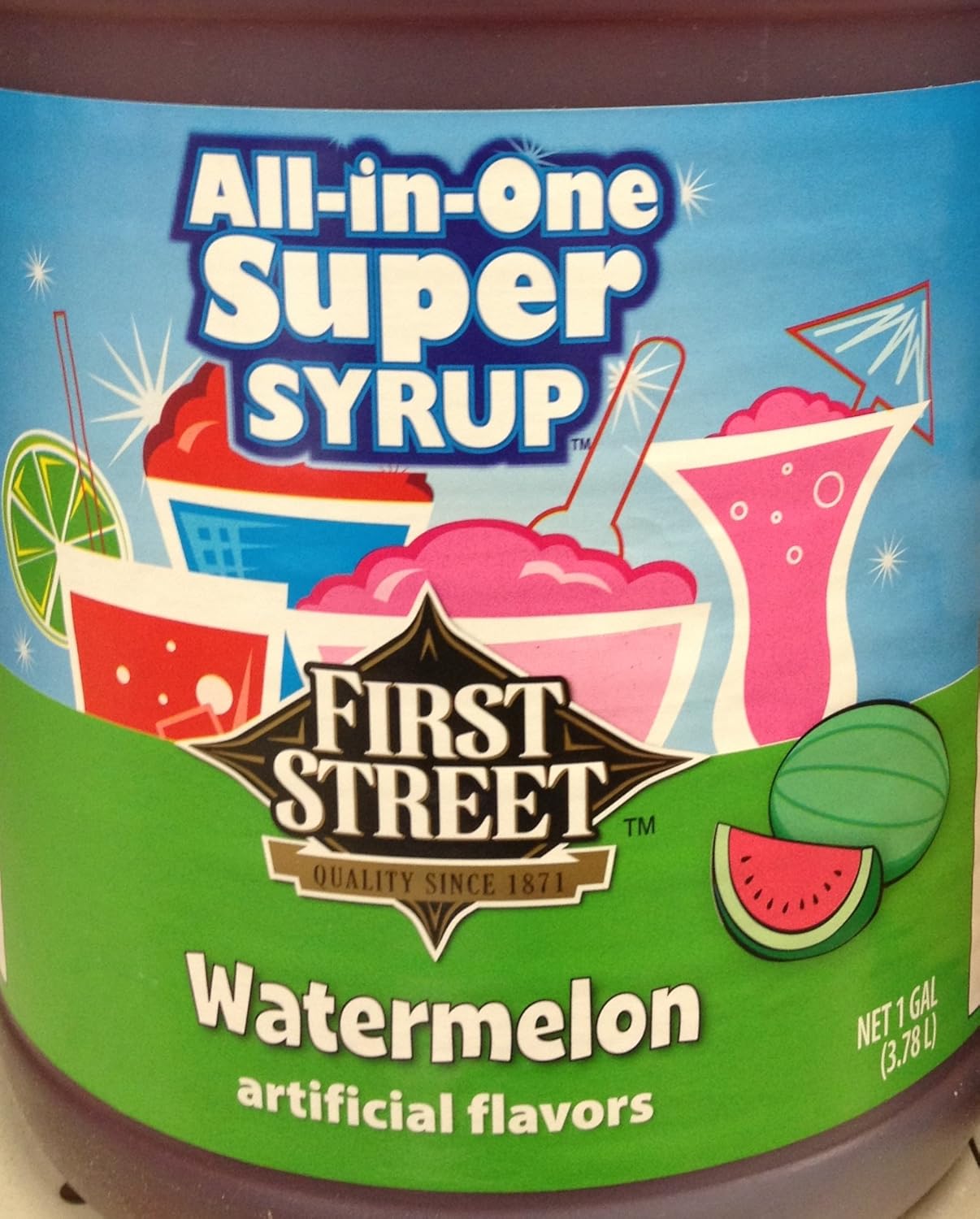 First Street All In One Super Syrup Watermelon 1 Gallon, For Snow Cone Beverage Base Fountain Syrup Slush Shaved Ice