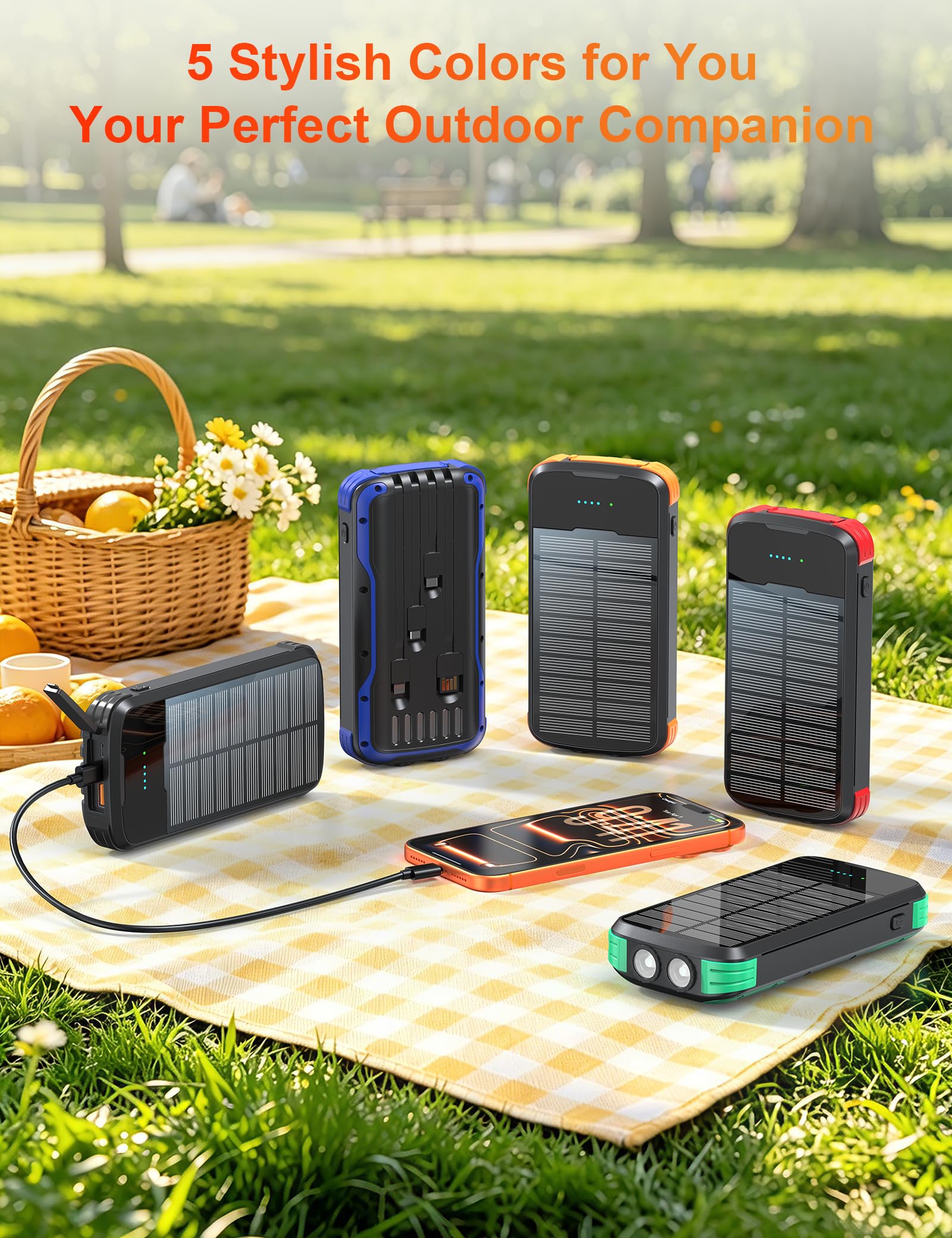 Cargador solar, batería externa de carga rápida PD de 20 W, cargador de teléfono portátil de 40000 mAh, 4 cables integrados con linternas dobles brillantes para camping, senderismo y uso al