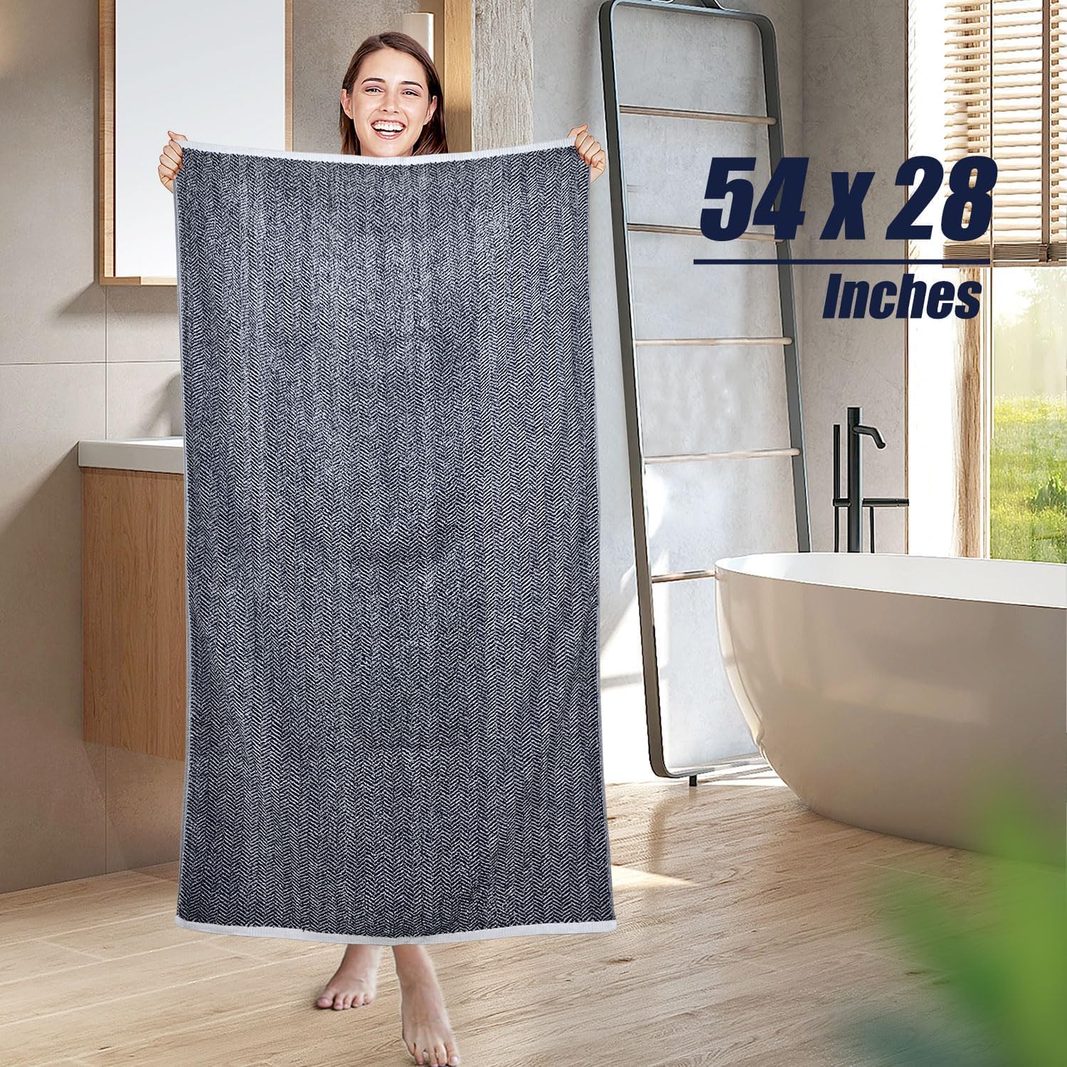 Cleanbear Toallas de baño, juego de toallas de baño de lujo 100% algodón para baño, toallas de ducha grandes de 54 x 28 pulgadas con rayas de espiga, toallas de baño azul marino, paquete de 2