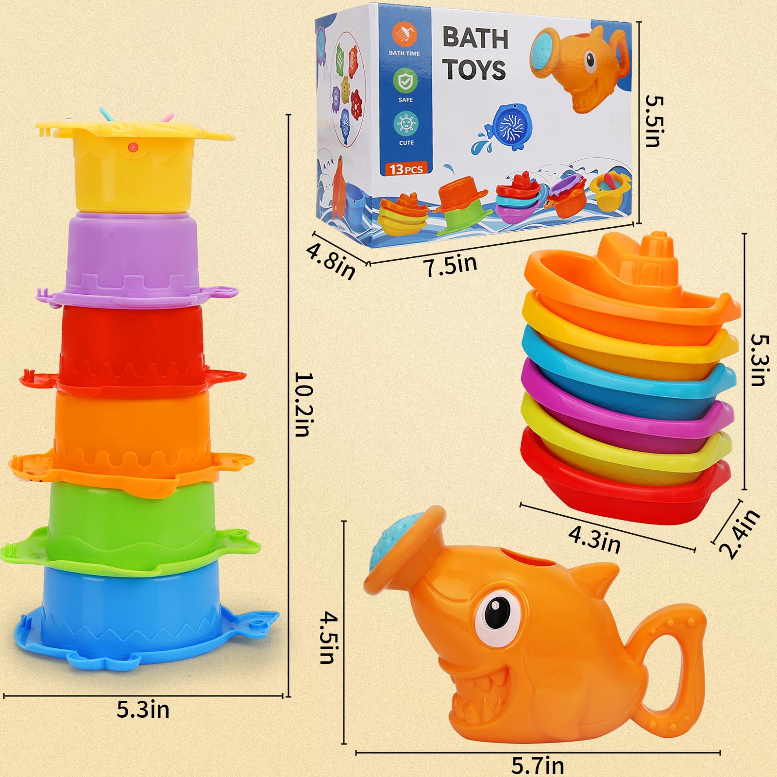 Juguetes de baño para bebés de 1 a 3 años, 13 juguetes de bañera para bebés de 6 a 12 a 18 meses, juguetes de baño sin moho para niños de 2 a 4 años, vasos apilables y regadera, juguetes de mesa de 7