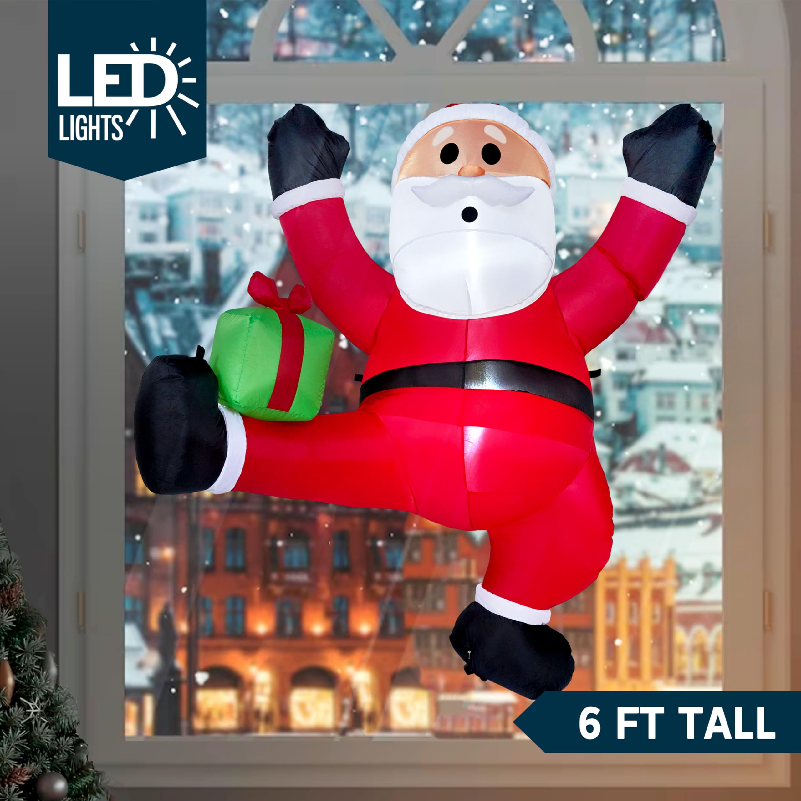 Joiedomi Père Noël Gonflable de 1,8 m de Haut avec boîte Cadeau, Père Noël Gonflable à Suspendre avec LED intégrée pour fête de Noël, extérieur, Cour, Jardin, décoration de pelouse