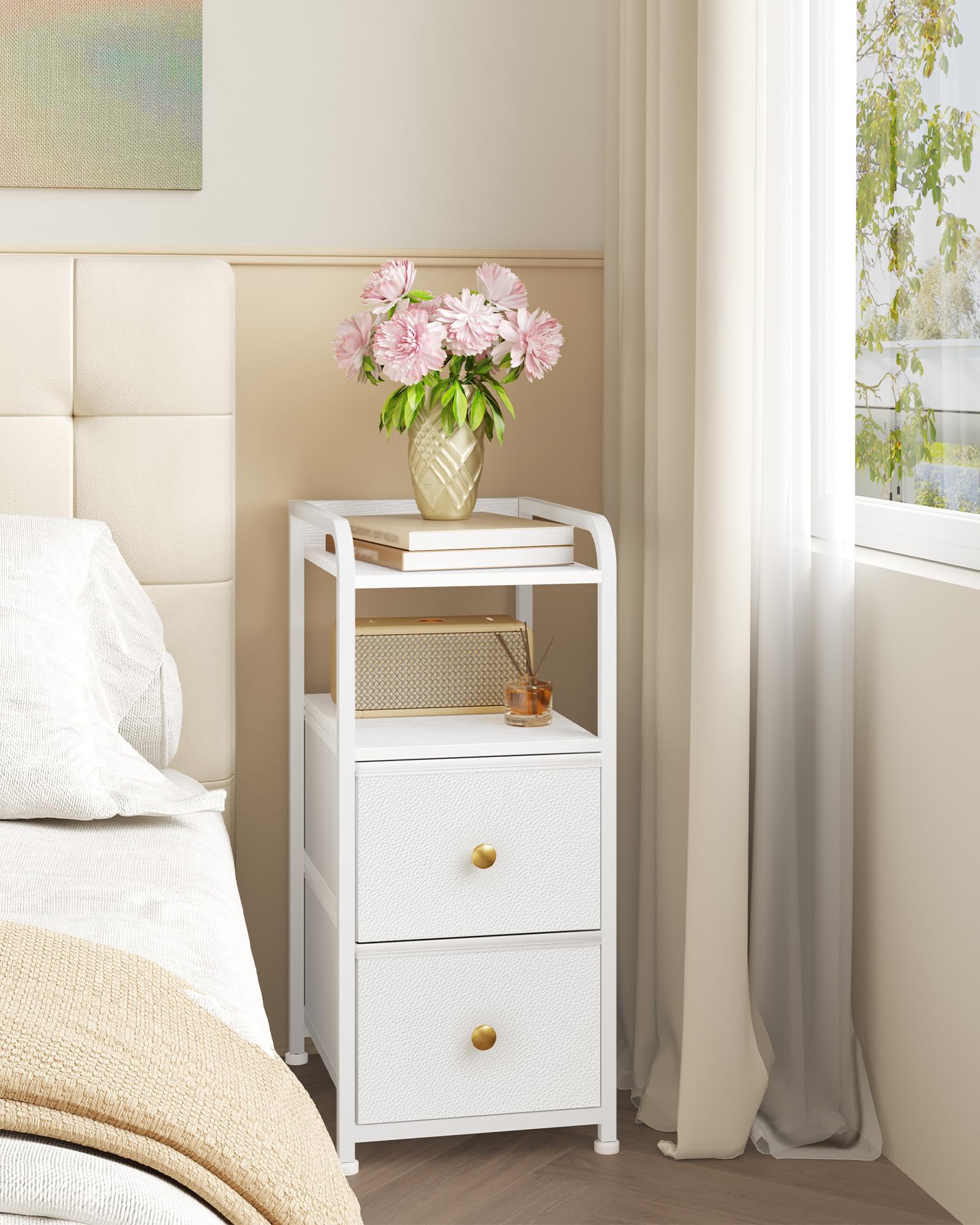 Hzuaneri Table de Chevet, Tables d'Appoint Étroite avec 2 Tiroirs en Tissu