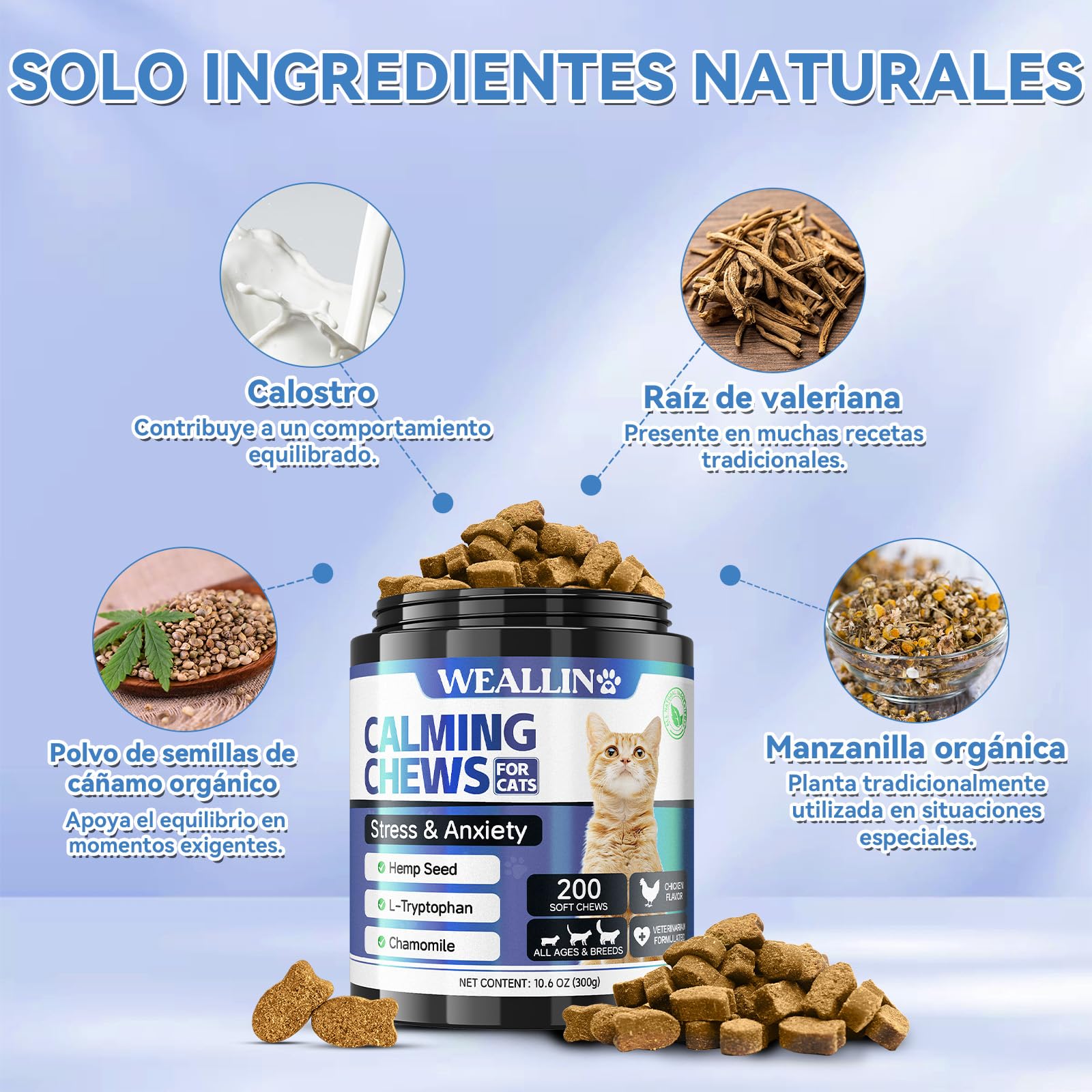 WEALLIN Premios Calmantes para Gatos, 200 Golosinas Naturales para Relajación, Ayuda contra Inquietud, Separación, Visitas al Veterinario, Viajes, Ruidos Fuertes, Pollo para Todas Las Razas
