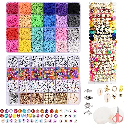 Miniatura 8 de Azuunye Juego de 6000 cuentas de arcilla para hacer pulseras, cuentas planas para hacer joyas de amistad con dijes y cuerdas elásticas, juego de