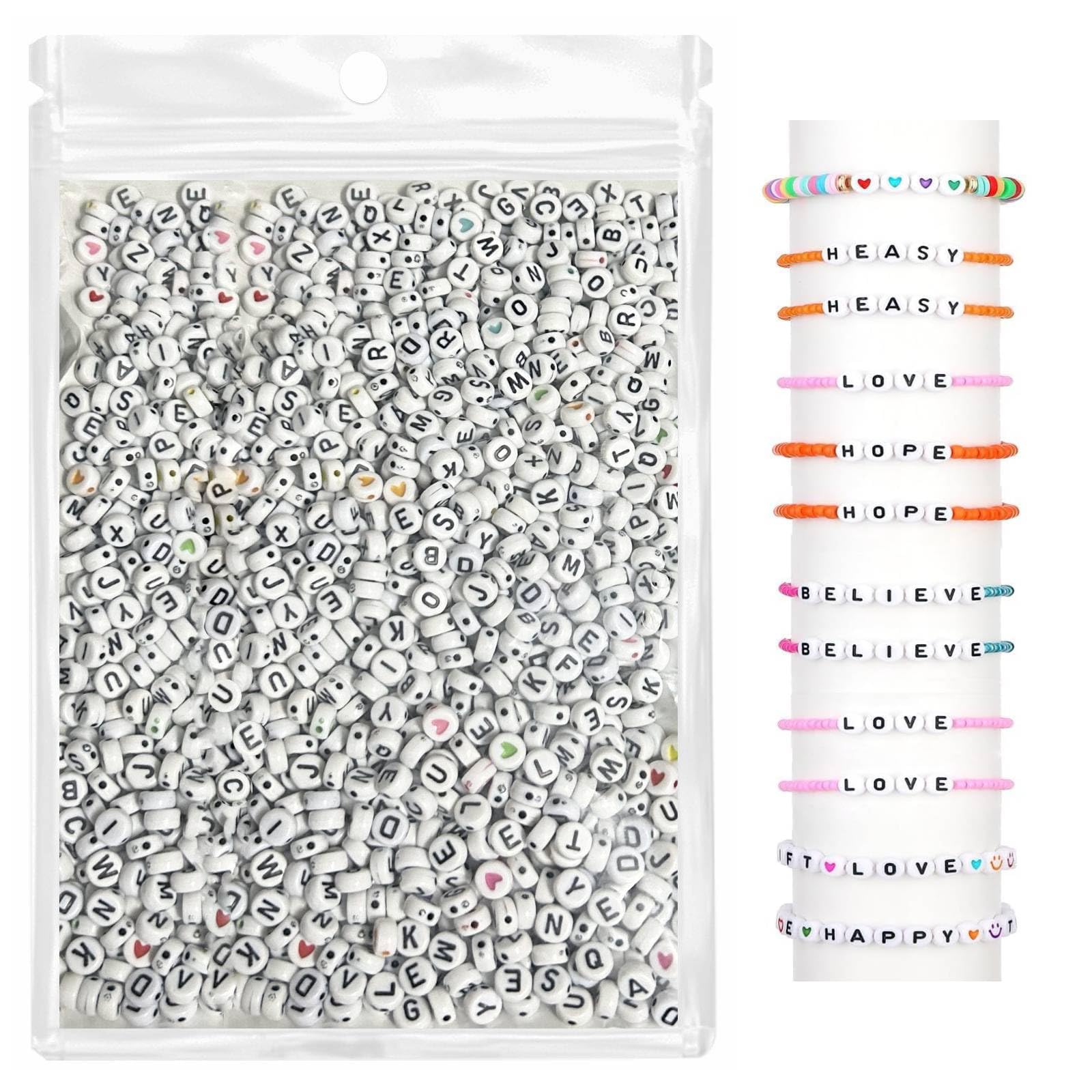 1400 Perles Rondes Lettres A-Z + Ligne Cristal – Kit Création Bijoux Personnalisés, Bracelets & Colliers Blanc 7 Mm
