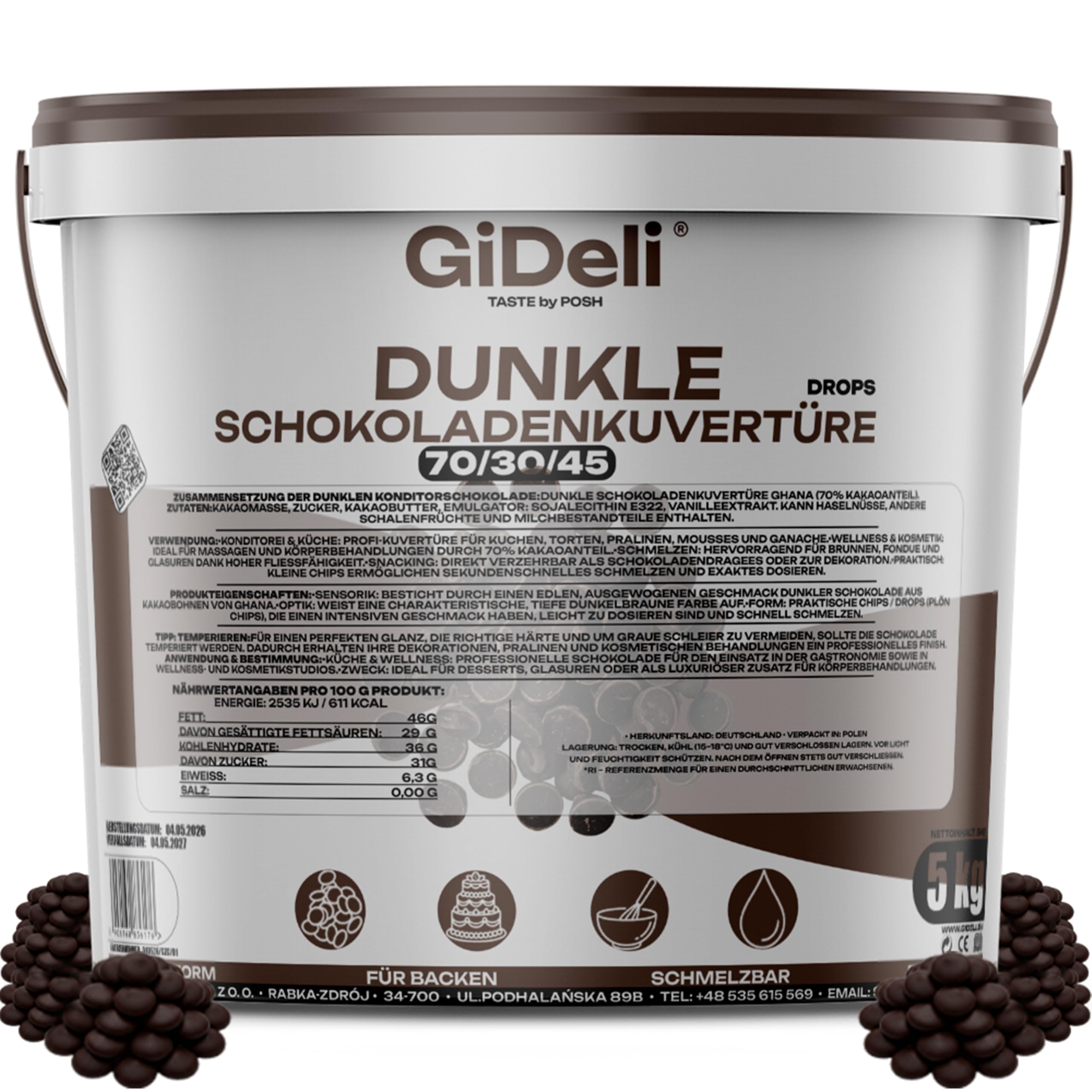 GiDeli Dunkle Schokoladenkuvertüre 70% Drops 5kg im Eimer - Professionelle Zartbitterschokolade zum Temperieren - Kakao aus Ghana - Fließfähigkeit 45 - Ideal für Torten, Pralinen & Ganache