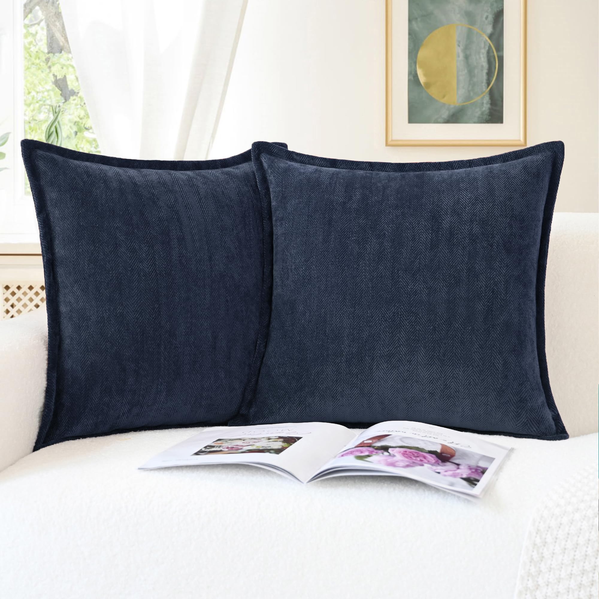 CaliTime Throw Pillow Covers Pack of 2 Soft Herringbone Chenille Cushion Cases with Elegant Design for Couch Sofa Farmhouse Decoration 45 x 45cm Navy Blue