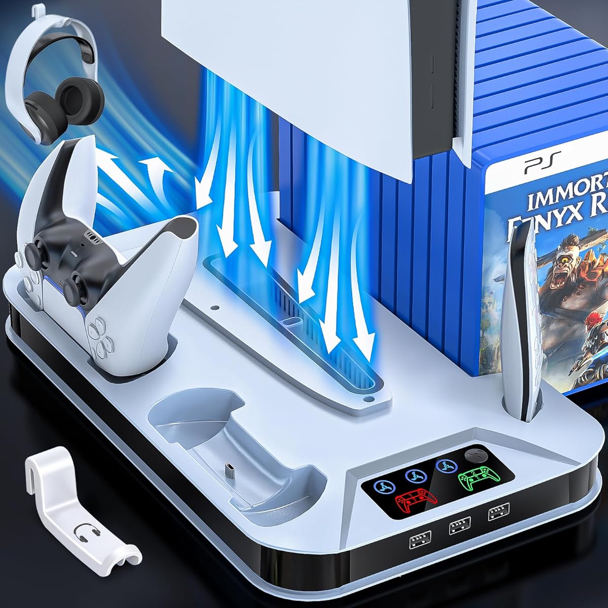 PS5 / PS5 Slim Cooling Station with Controller Charging Station for Playstation 5 Console Disc/Digital, Cooling Stand for Playstation 5 Slim with Cooler Fan Accessories with 3 USB Hubs/Headset Holder : Everything Else