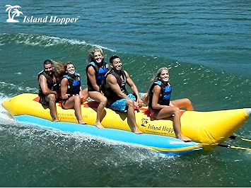 Island Hopper Recreational Banana Boat Towable Tubes for Boating Capacity for 5 Riders Water Tube 1100D PVC with Welded Seams for Stability and Fun Boat Tube Includes Storage Bag and Foot Pump