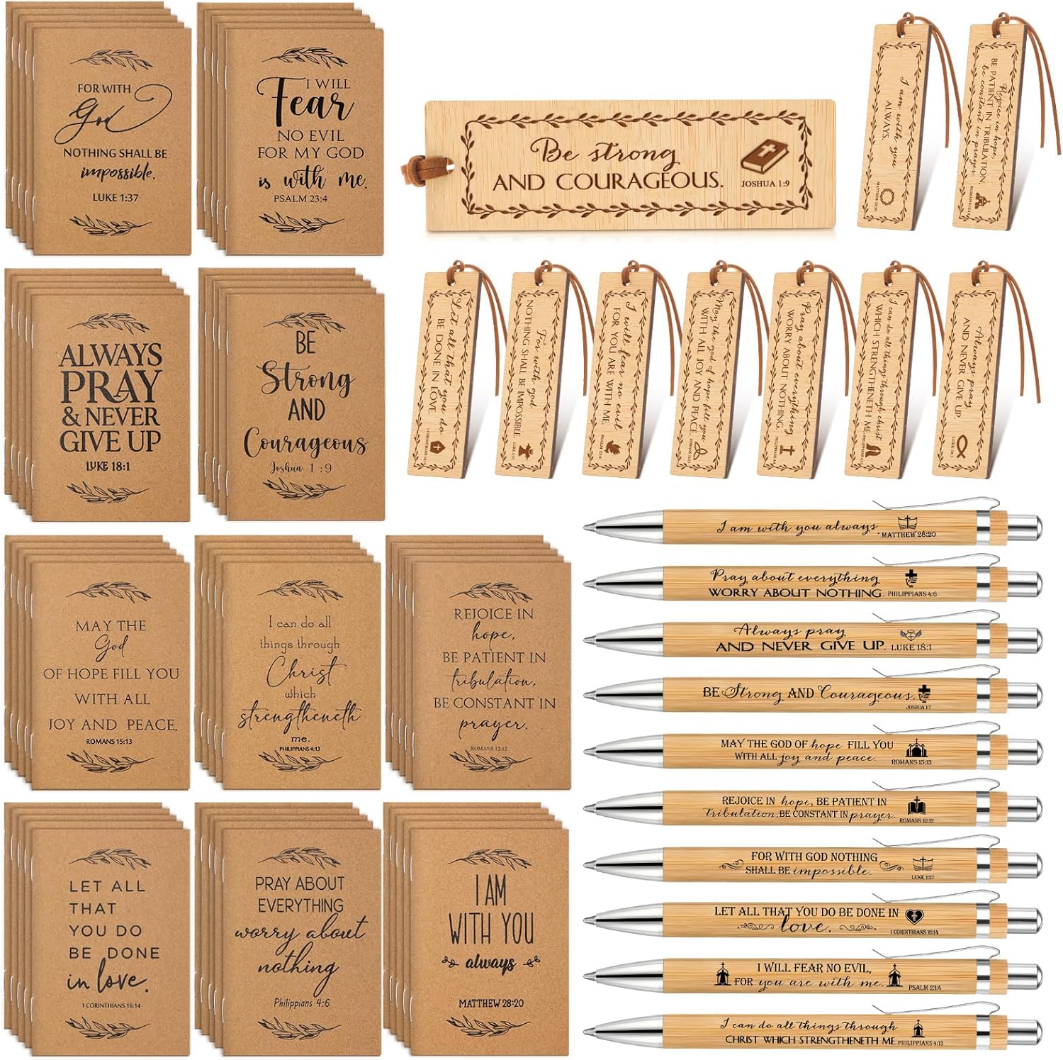 Fuutreo 150 Pcs Easter Christian Gifts Bulk 50 Bible Verse Notebook 50 Bible Bamboo Pen and Religious Bookmarks Christian Notepad Prayer Journal Gifts for Church Men Women Teacher Pastor Clergy