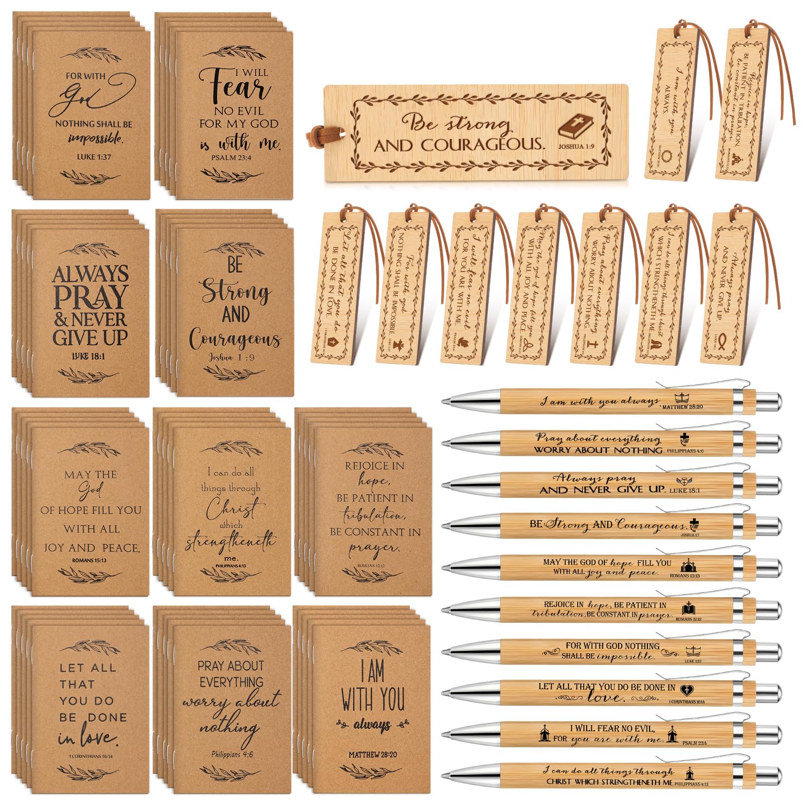 Fuutreo 150 Stück christliches Geschenk, Großpackung mit 50 Bibelversen, Notizbuch, 50 Bambusstifte, 50 religiöse Lesezeichen, christlicher Notizblock, Gebetstagebuch, Geschenk, Kirche, Pastor, Klerus