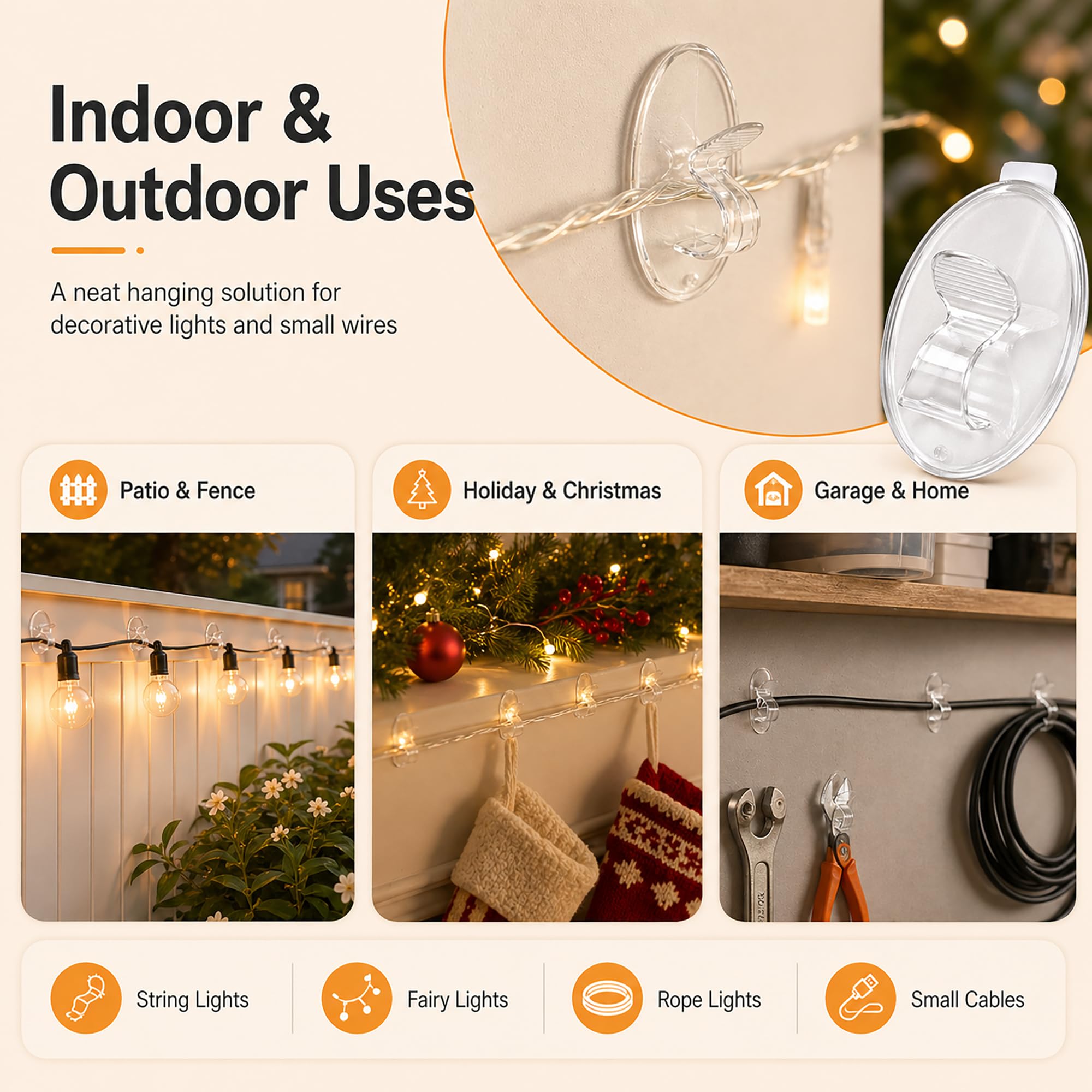 Ganchos para clips de luz de cuerda al aire libre: 20 clips de cadena de luces para exteriores, clip de luz transparente resistente para colgar con adhesivo impermeable para colgar en el patio