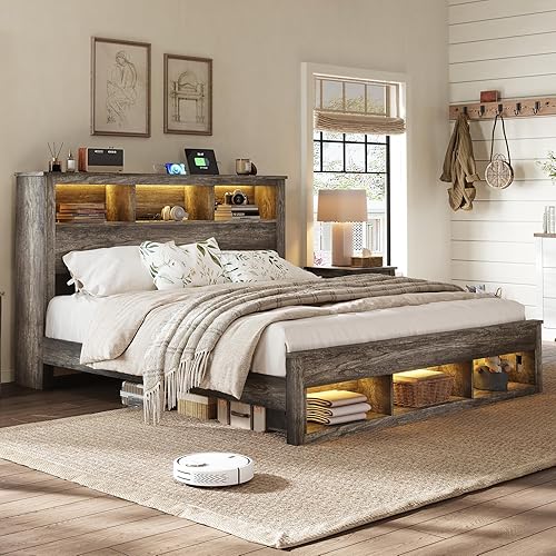 Albott Farmhouse King Size Bed Frame with Storage Bookcase Headboard and Footboard, Storage Wood Platform Bed Frame with Wood Slats Support, Noiseless LED Bed Frame, No Box Spring Needed, Gray
