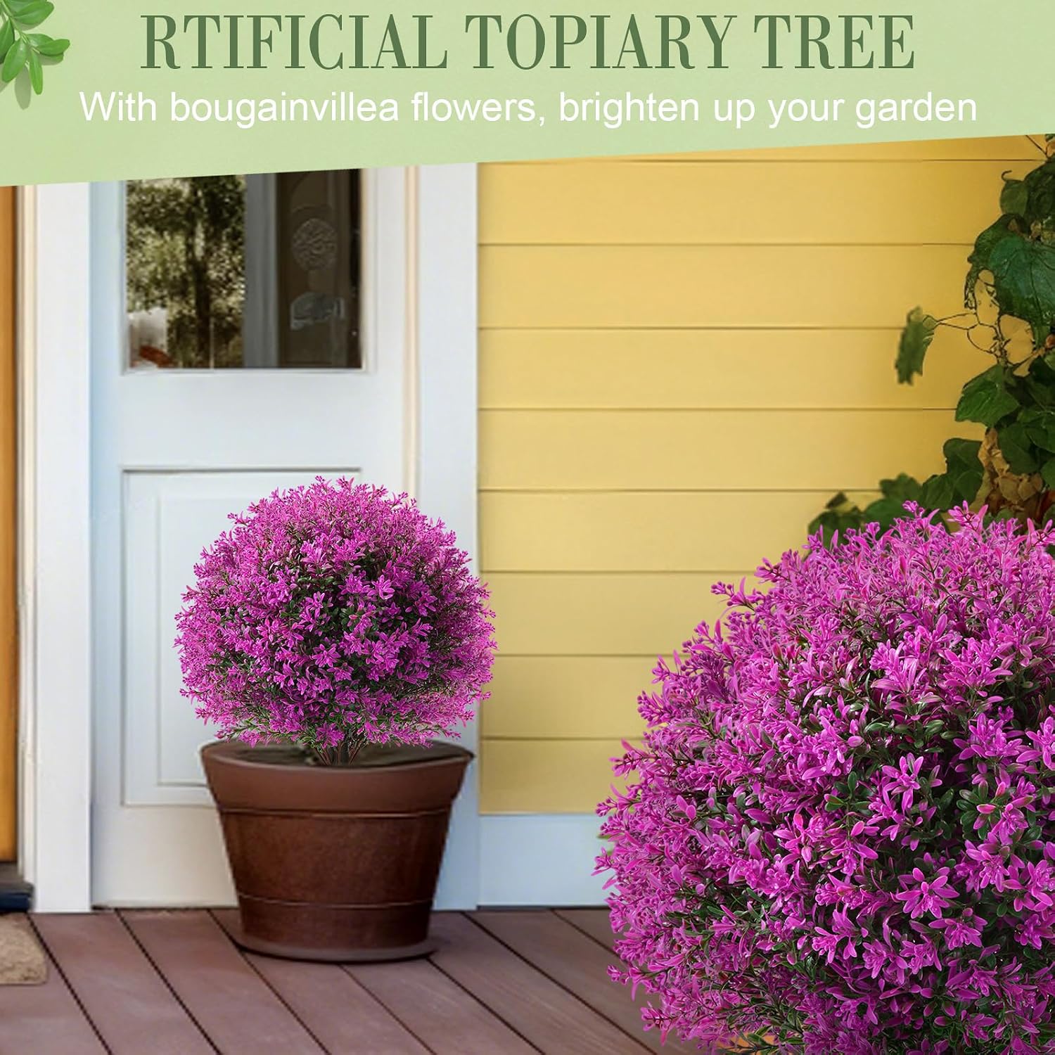 Yunlly 2 Pack Artificial Topiary Ball Trees, 20'' Faux Bushes for Front Porch Decor, UV Resistant Fake Evergreen Shrubs Plants with Ground Spike, Fake Plants for Outdoor Indoor Garden (Fuchsia)