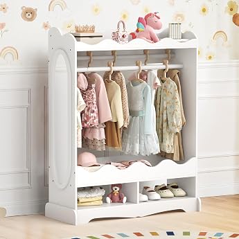 LUE BONA Children's Wardrobe with Mirror and Clothes Rail Wooden Wardrobe with 3 Hooks Wardrobe with Shelf for Children's Room 85 x 108 x 34 cm White