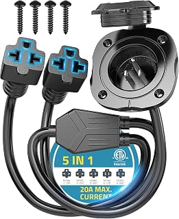 20A 125V RV Shore Power Inlet Plug, 12AWG AC Port Plug w/ 5-IN-1 T-Blade Adapter & Integrated 18" Dual Extension Cord, Waterproof AC Power Inlet Socket Outlet Receptacle for RV, Truck, Boat, Generator