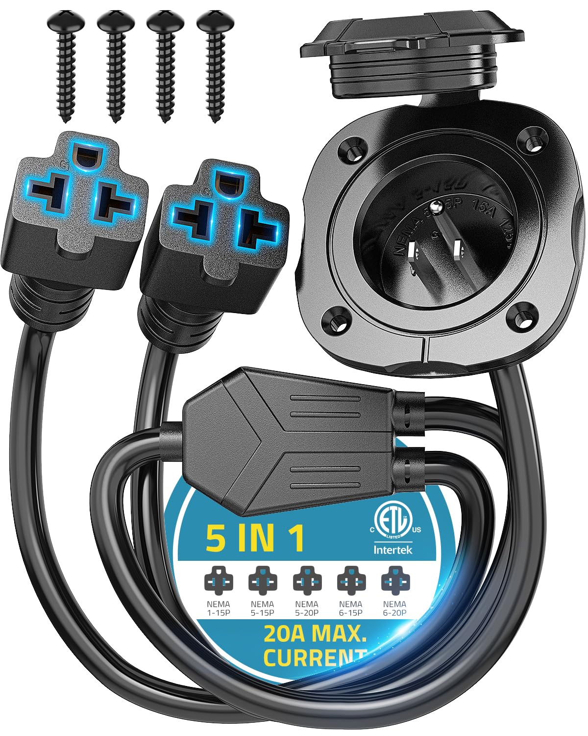 Photo 1 of 20A 125V RV Shore Power Inlet Plug, 12AWG AC Port Plug w/ 5-IN-1 T-Blade Adapter & Integrated 18" Dual Extension Cord, Waterproof AC Power Inlet Socket Outlet Receptacle for RV, Truck, Boat, Generator