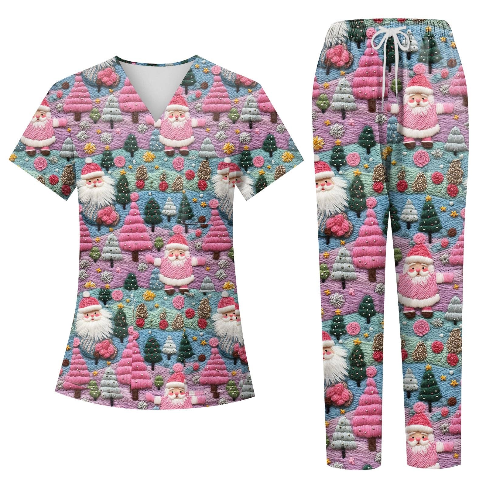 Generic Christmas Scrubs Set for Women Nurse Uniform Top & Pants with Multi Pocket for Nurse Esthetician Workwear