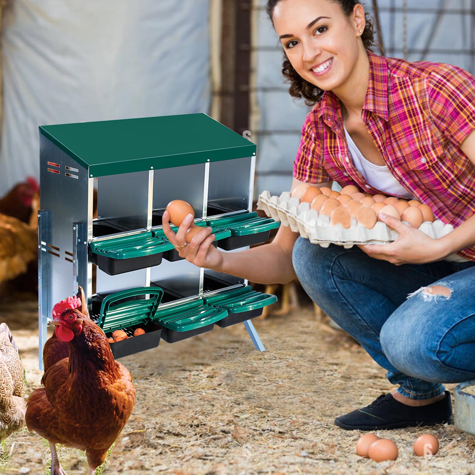 Garvee Nido per Galline Ovaiole 6 Scomparti con Gambe di Supporto, Cassetta Nido in Acciaio Zincato con Raccolta Uova Automatica, Tetto Verde e Vassoi Rimovibili per Pollaio da Esterno