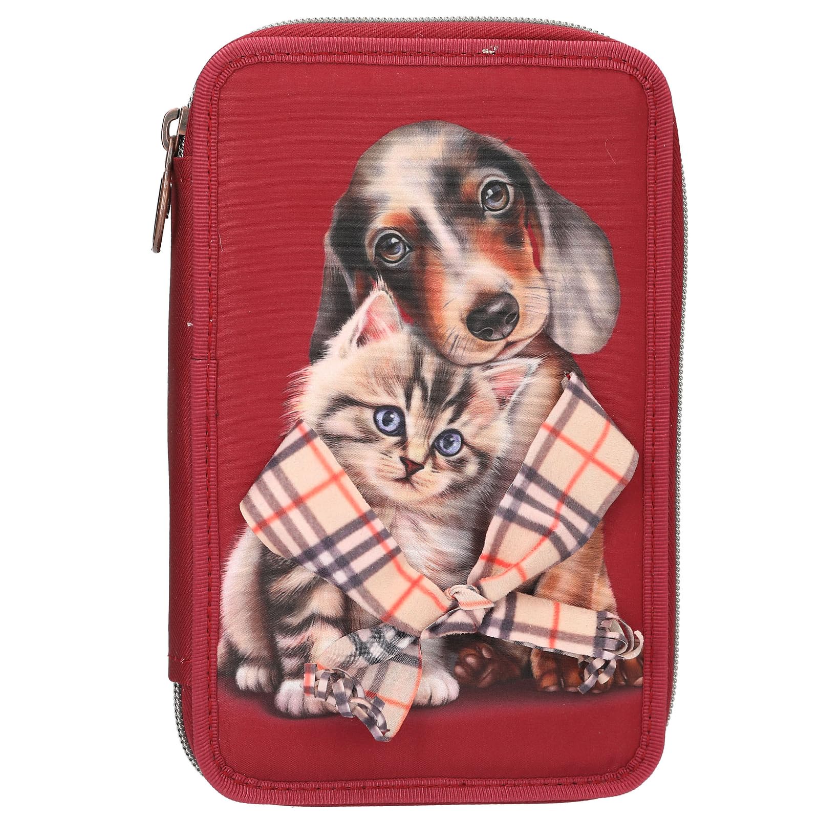 Depesche 13674 TOPModel Fur Ever Friends Filled 2-Compartment Pencil Case in Dark Red with Dog and Cat Motif, Pencil Case with Colouring Pencils, Scissors, Ruler and Much More