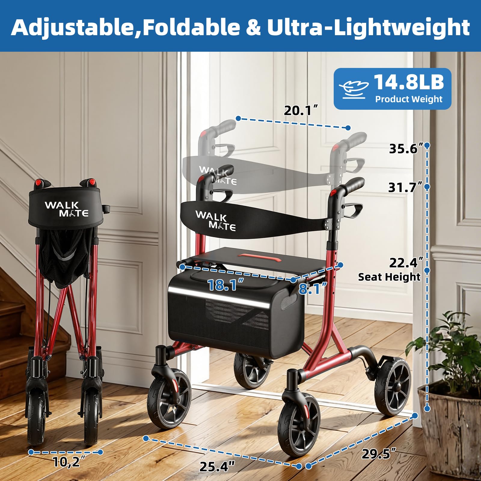 Walk Mate Rollator Pieghevole e Leggero con Seduta - Compatto per la Casa, Regolazione Ergonomica dell'Altezza 150-190 cm, Ruote Fuoristrada, Peso Ultraleggero di Soli 6,7 kg