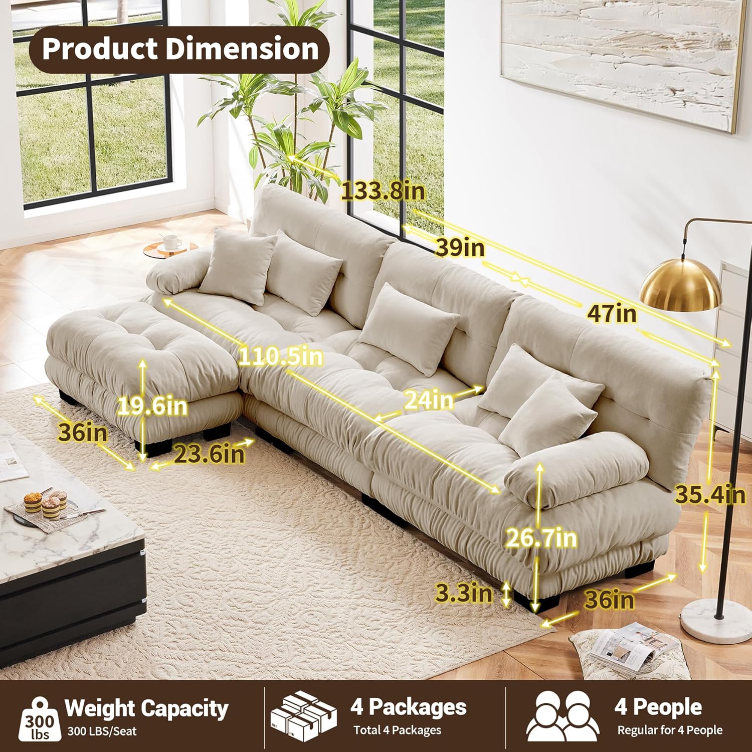 Modular Sectional Sofa 133.8" Cloud Couch, L Shaped Couch with Movable Ottoman, Modern Deep Seat Couches for Living Room, Oversized 3-Seater Sofa Comfy Chenille Sofas for Bedroom, Light Coffee