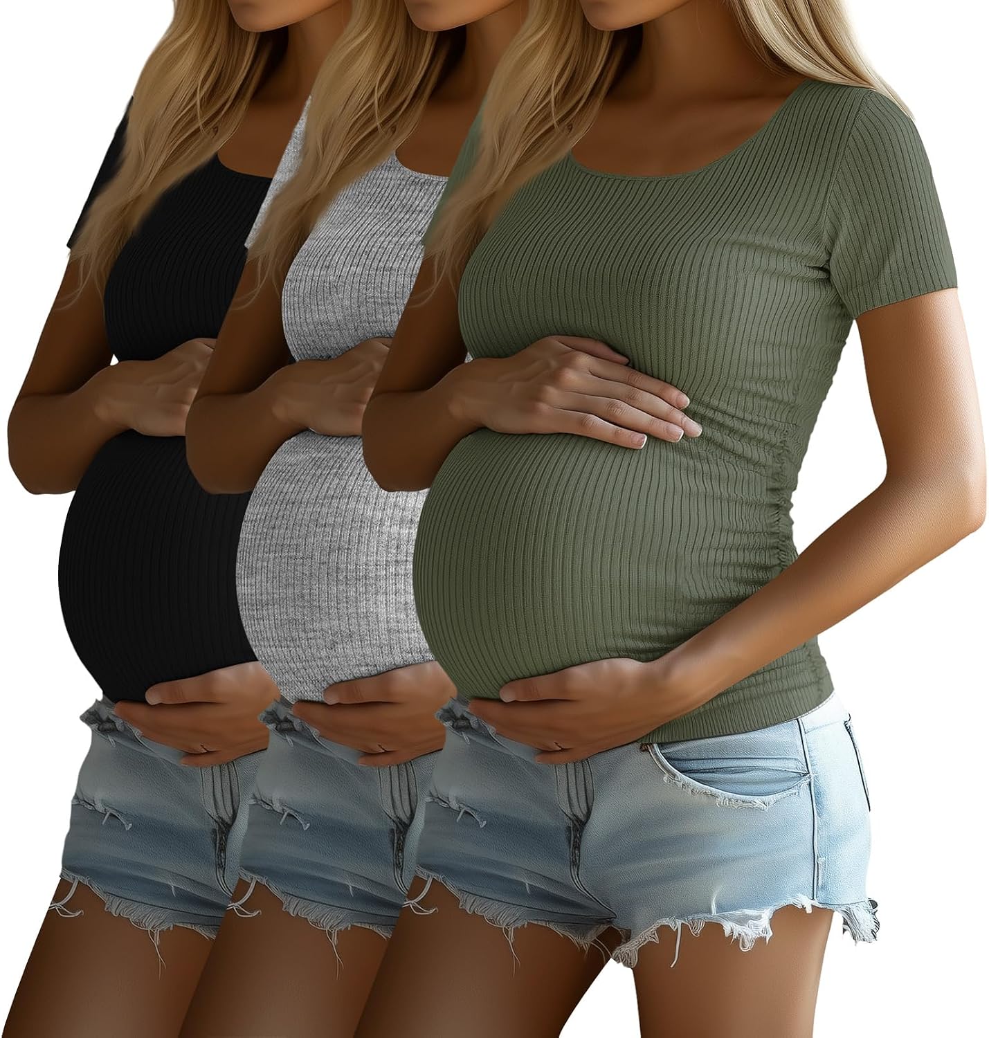 Ficerd 3 Pack Women's Maternity T Shirts, Short Sleeve Cotton Pregnancy Tops Crew Neck Ribbed Knit Side Ruched Mama Clothes
