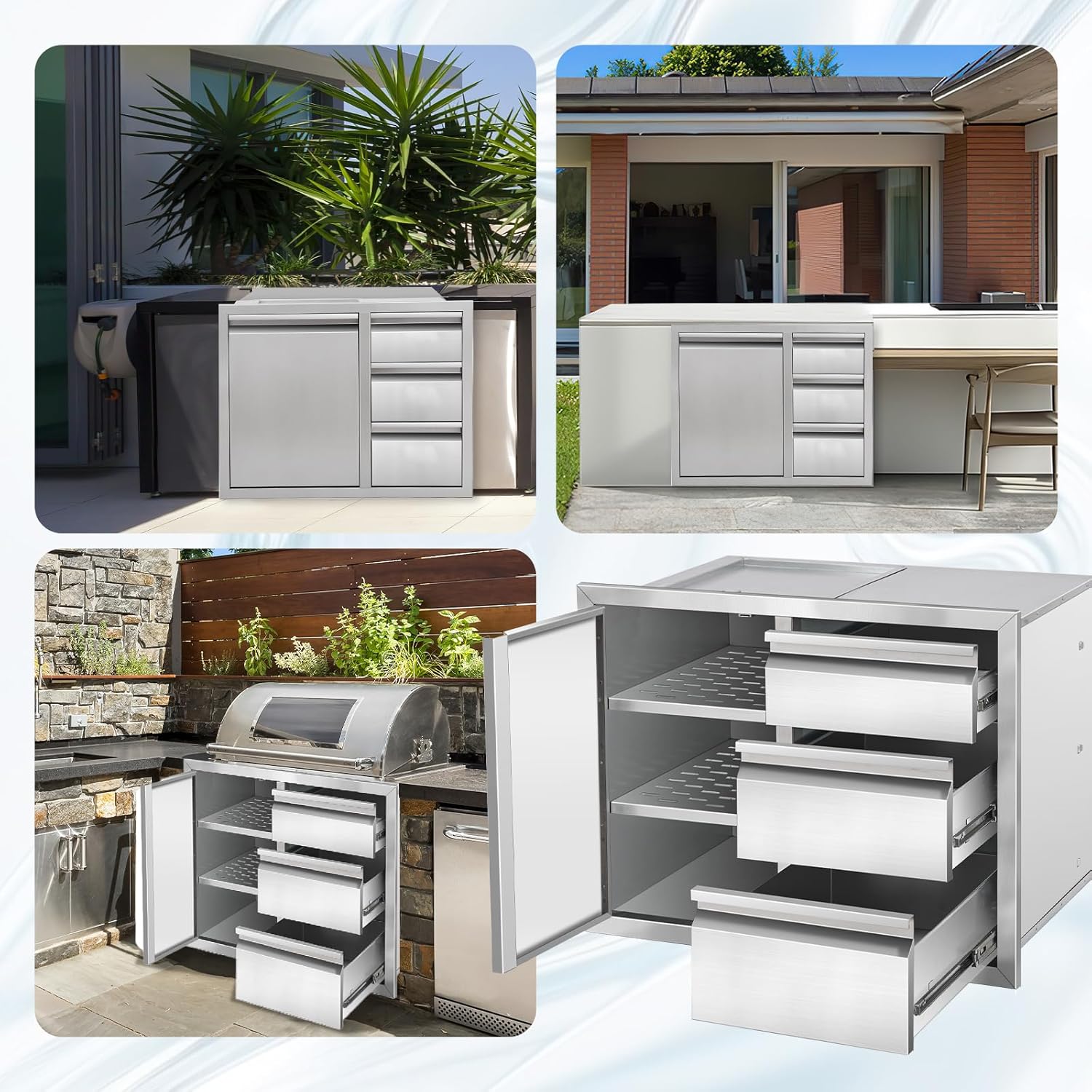 Outdoor Kitchen Drawer Combo 28" W x 20.1" H x 19.8" BBQ Triple Drawers & Access Door, Stainless Steel Cabinet, Perfect for Outdoor Kitchen Island Patio Grill Station