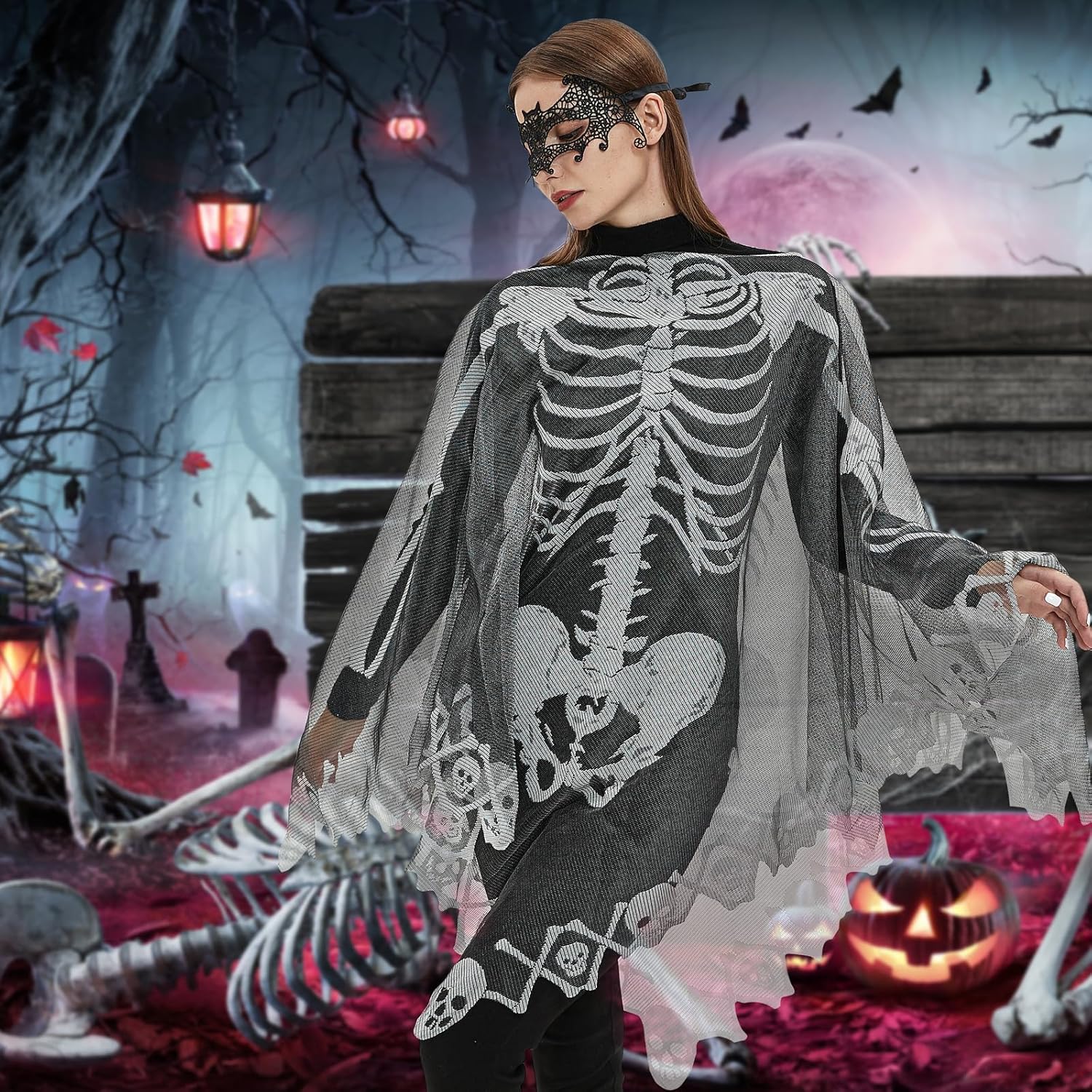 Halloween Costumes for Women,Women's Halloween Skeleton Cape Poncho,Gifts for Women,Includes Halloween Masquerade Mask (Black)