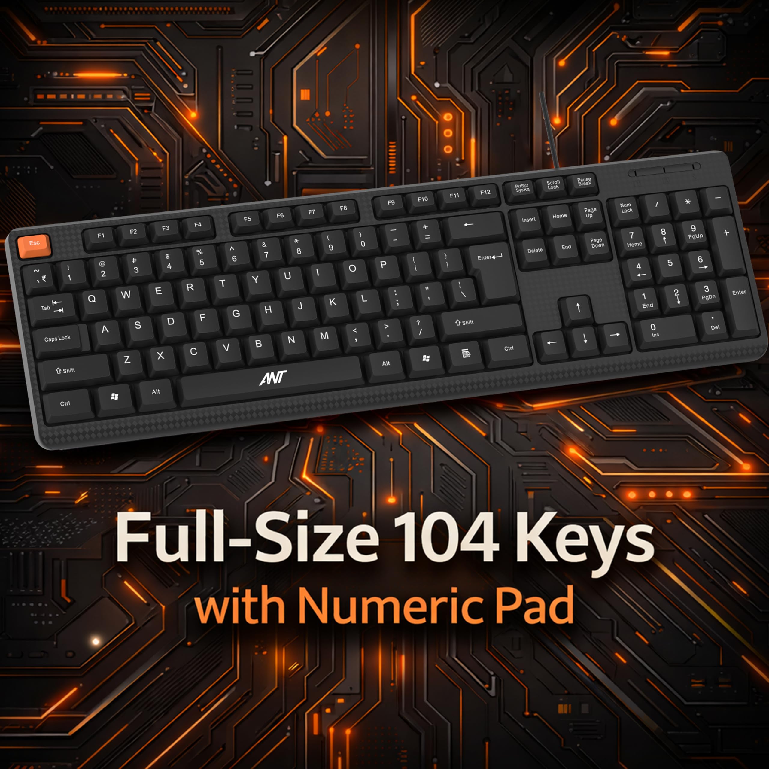 Ant Master 05 Wired USB Keyboard - Full-Size 104 Keys with Numeric Pad | Membrane Silent Typing, 1.3m Cable, Plug & Play | Ergonomic Office & Home Keyboard for PC, Laptop, Mac & Linux – Black — Amazon image 2
