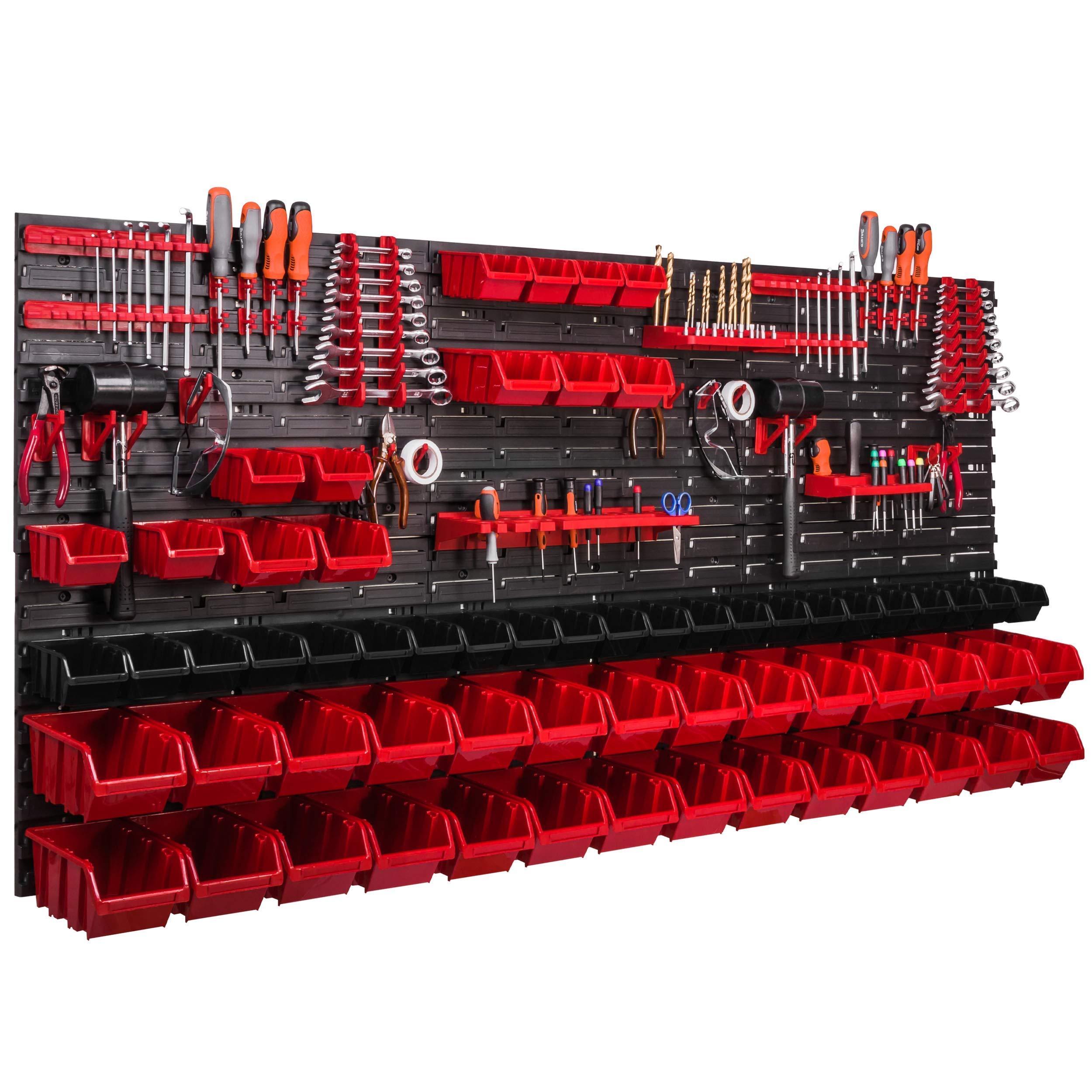botle Étagère murale XXL 172 x 78 cm - Étagère murale empilable - Porte-outils - Boîte en plastique - Rouge et noir (63 boîtes rouges / noir)