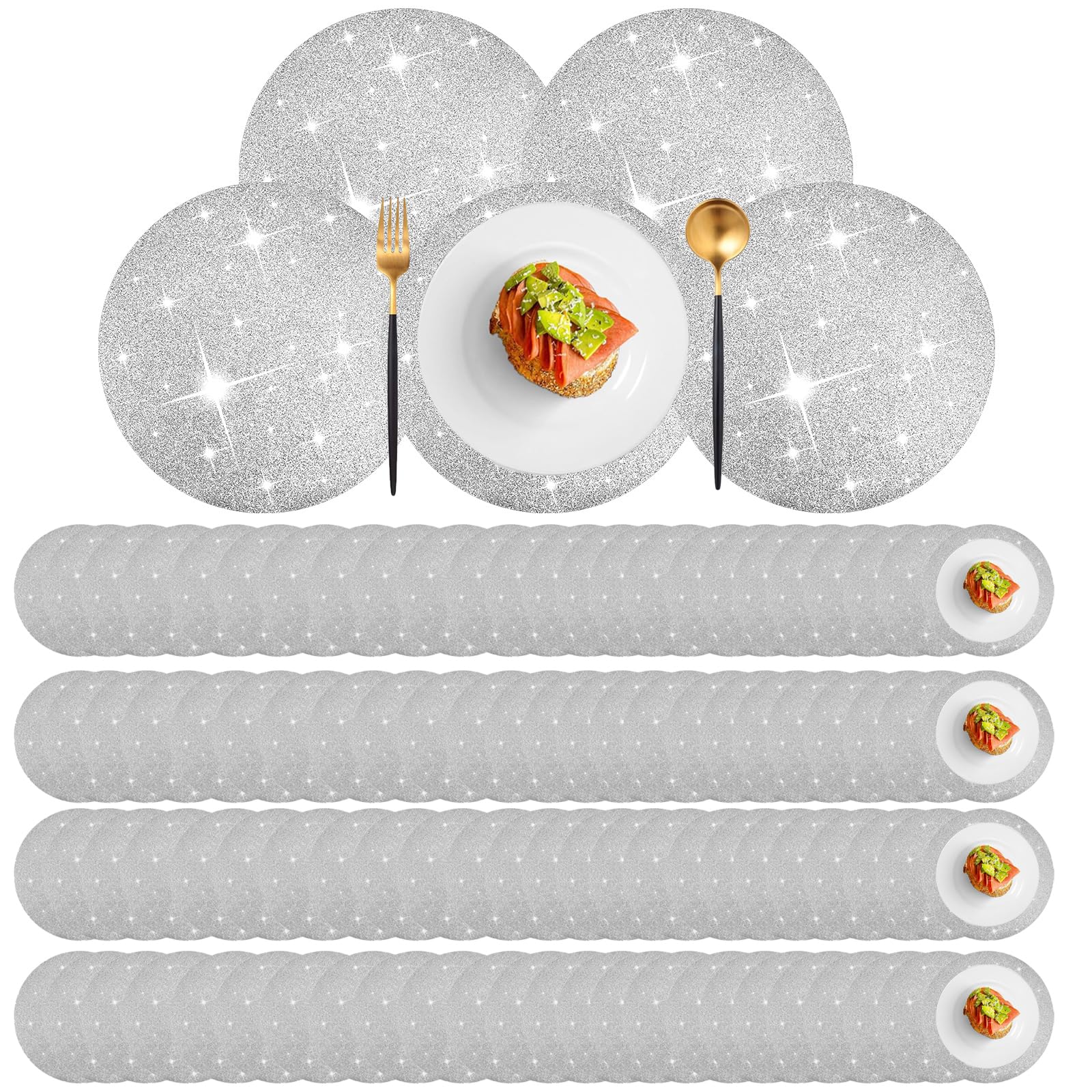 Pasimy 200 manteles individuales de papel con purpurina plateada de 15 pulgadas, redondos, desechables, con lentejuelas, manteles individuales decorativos para bodas, banquetes, fiestas, hogar