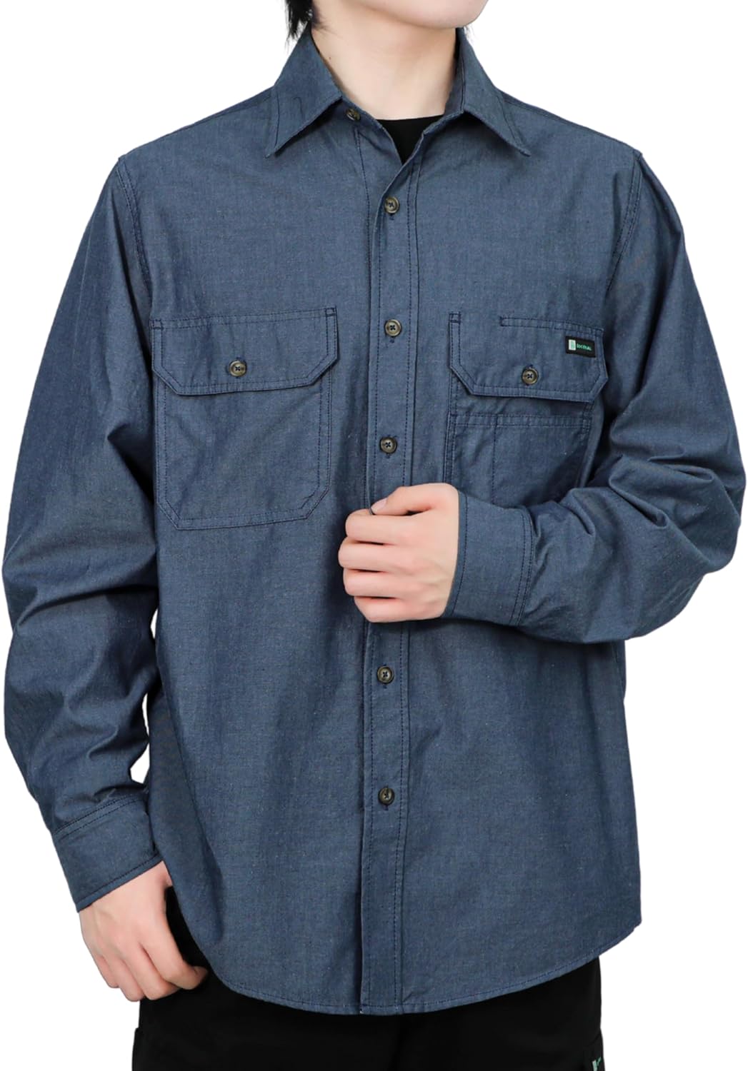 BOCOMAL Men's Work Shirts Button Down Long Sleeve Relaxed Fit - Lightweight 100% Cotton Chambray, EX-Soft, Utility Pockets