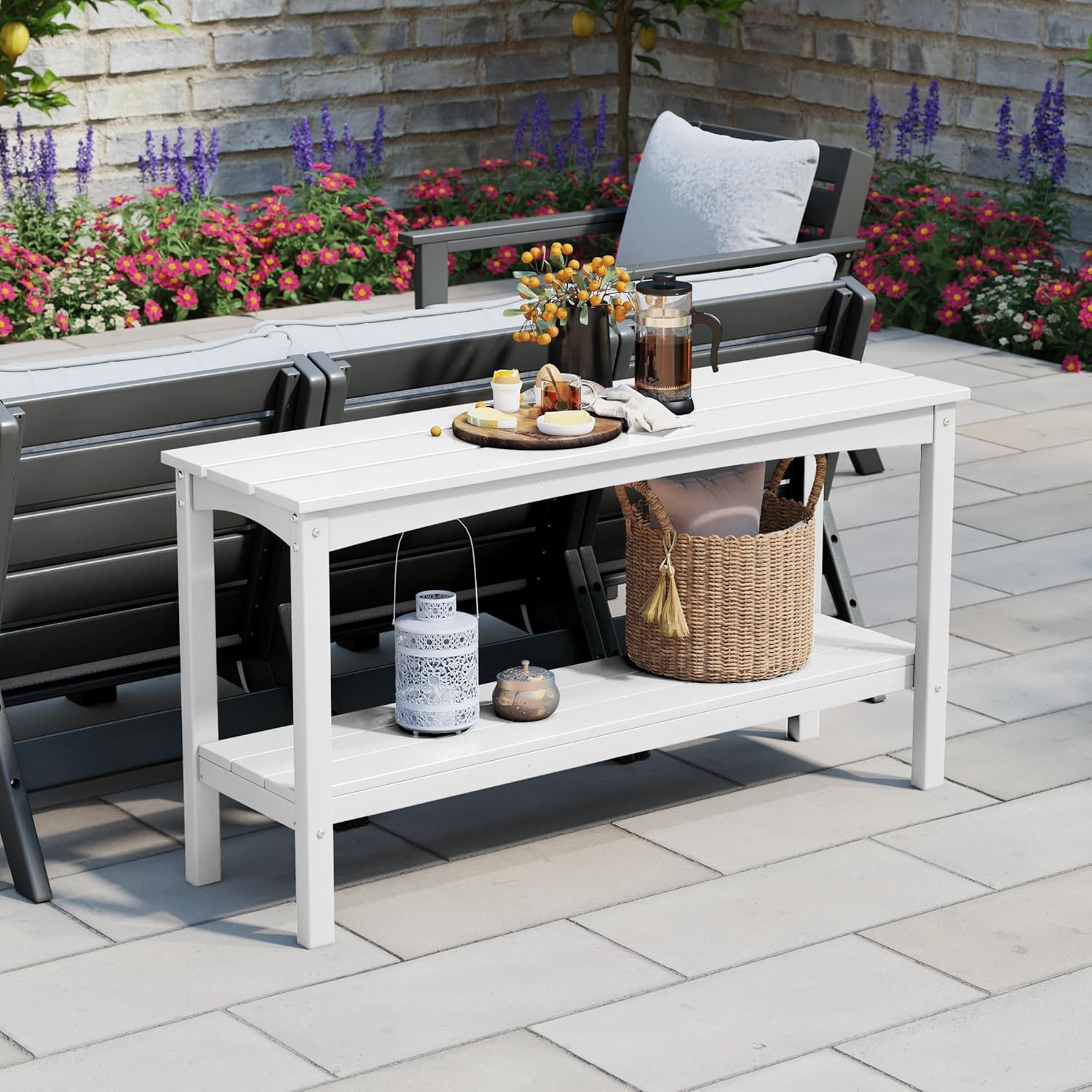 WestinTrends Malibu 55" Outdoor Patio HDPE Adirondack 2-Tier Shelf Console Table, White