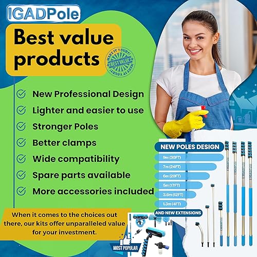 Miniatura 6 de Escobilla de mango largo IGADPole de 20 pies kit profesional de limpieza de ventanas con poste de extensión de aluminio de 24 pies, adecuado para