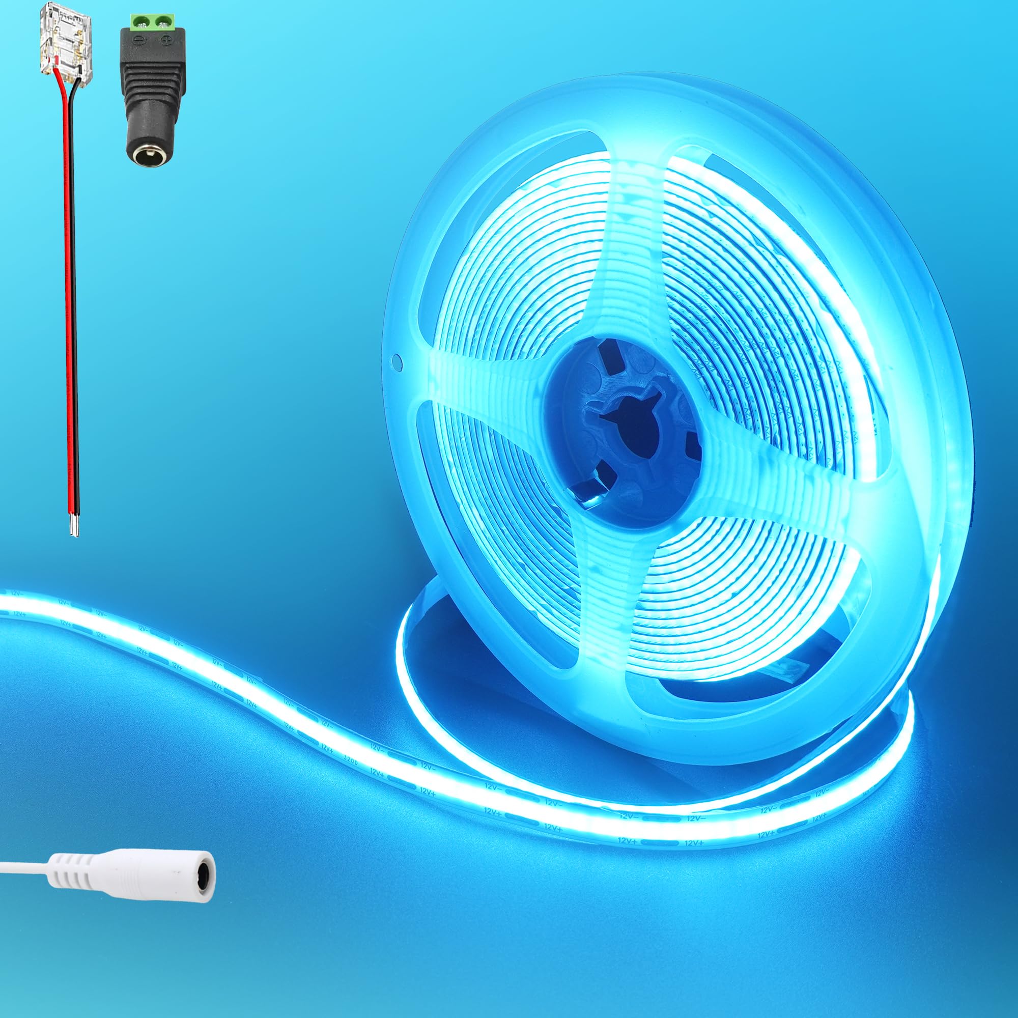 Clearhill 12V COB 480LED Strip Lights,9.84FT/3M(No Power Supply), Iceblue, 1440LED,with 5521DC Female Connectors,8mm Width,IP20,for DIY Home Indoor Decoration